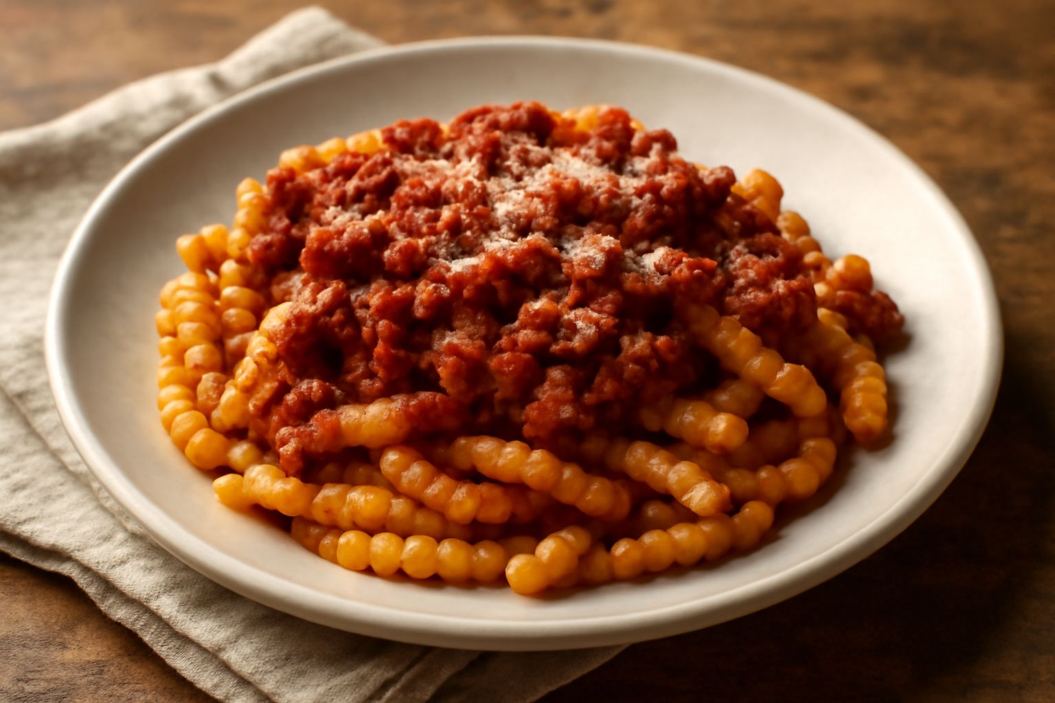 Piatto bianco con busiate giallo-oro ricciolute coperte di ragù rosso scuro e ragù, gratinata di formaggio bianco sulla superficie, forchetta accanto, fondo grigio neutro