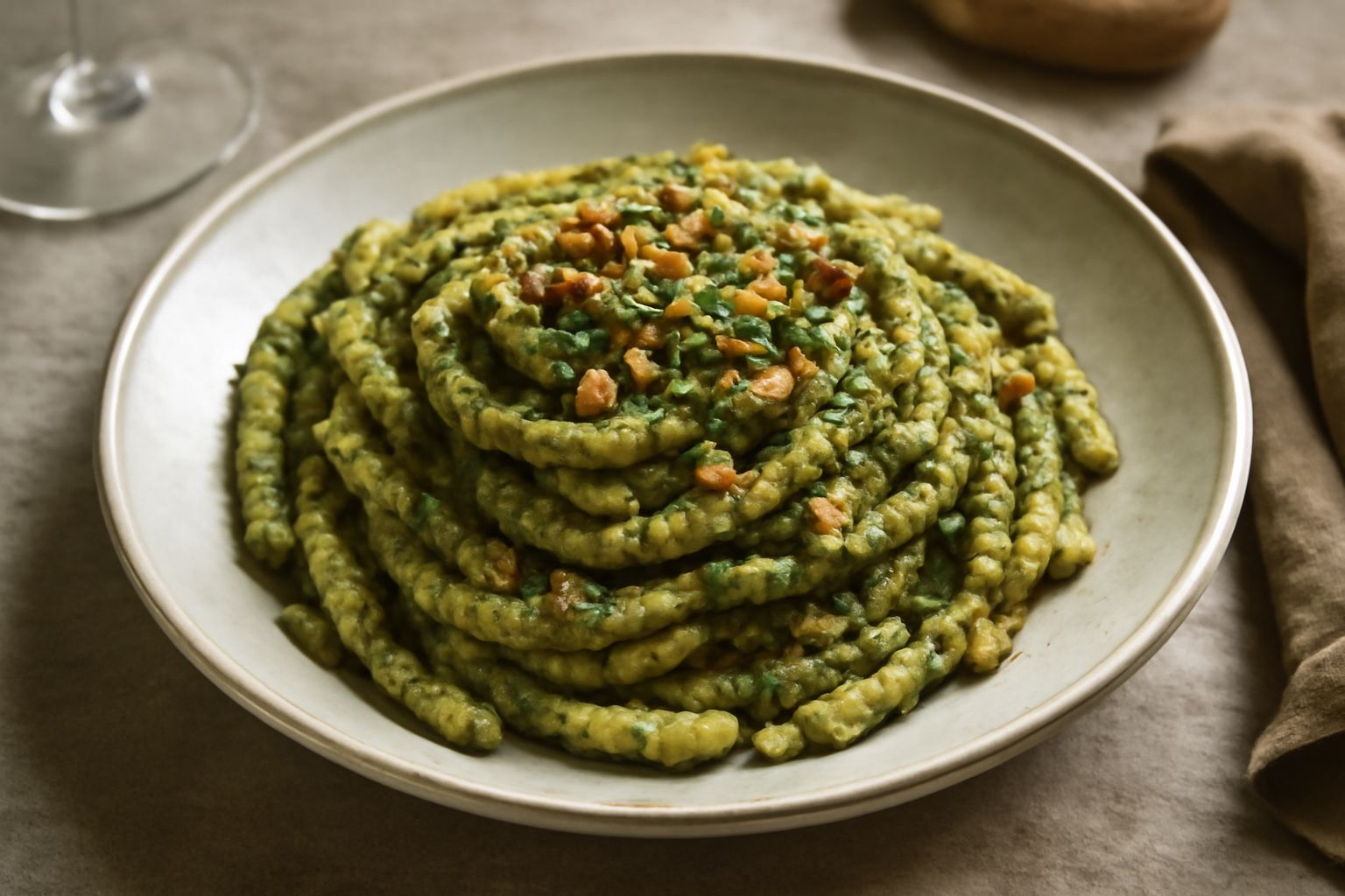 Piatto di busiate cu' la pesta: pasta a forma di spirale di colore beige-dorato, condita con pesto verde brillante di basilico e mandorle, con gocce d'olio, servita in un piatto bianco fondo. Una fogl