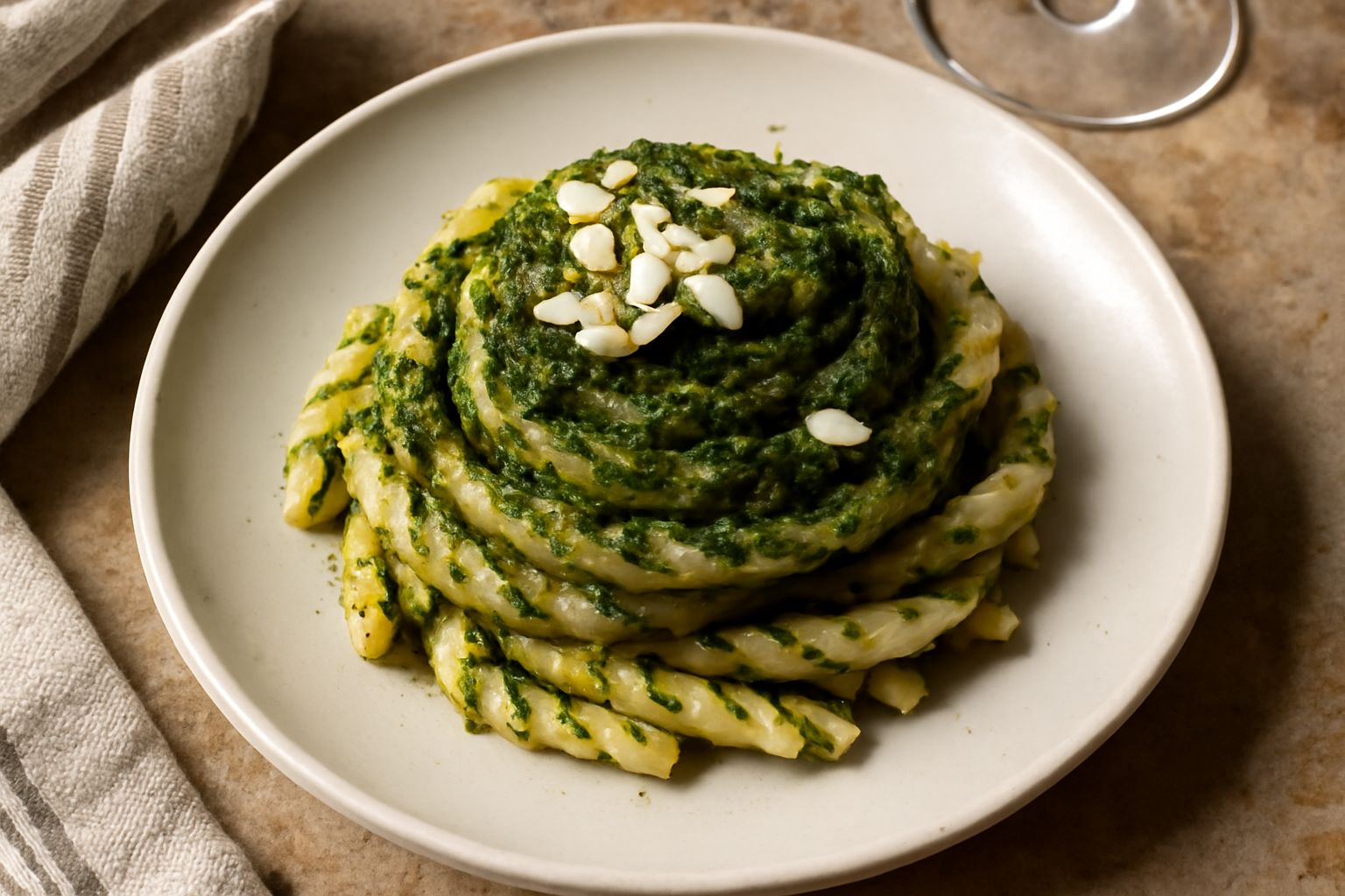 Piatto di busiate a spirale verde chiaro ricoperto di pesto di basilico denso, con gocce di olio lucido, mandorle tostate tritate sparse in superficie, servite in un piatto bianco
