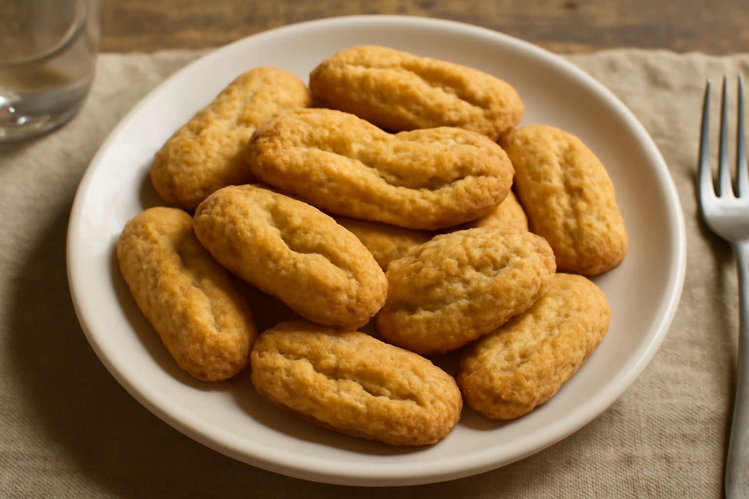 Bussecchine disposte su un piatto bianco, biscotti irregolari color oro con superficie croccante e sfogliatrice, accanto una tazza di caffè