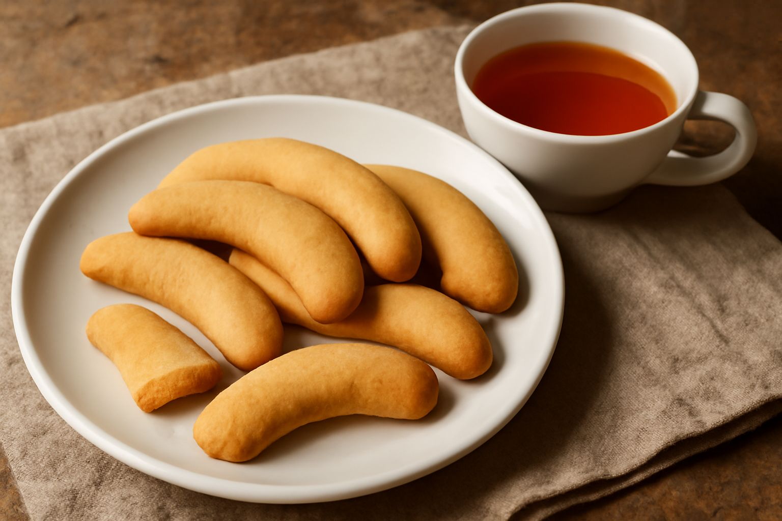Biscotti bussolotti color oro disposti su una tazza di tè bianca, con una tazza fumante sullo sfondo e qualche goccia di miele su un piattino di ceramica