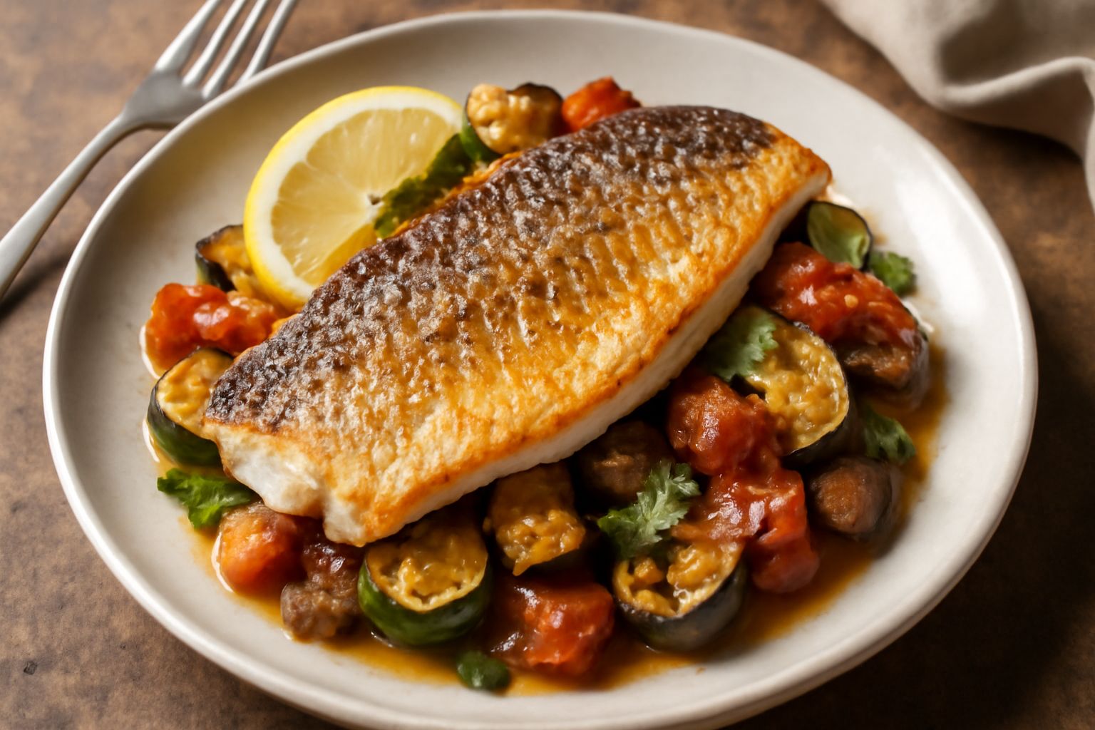 Branzino intero dorato al forno servito su un piatto bianco, adagiato su zucchine, pomodori e melanzane arrostite, guarnito con limone affettato e prezzemolo fresco