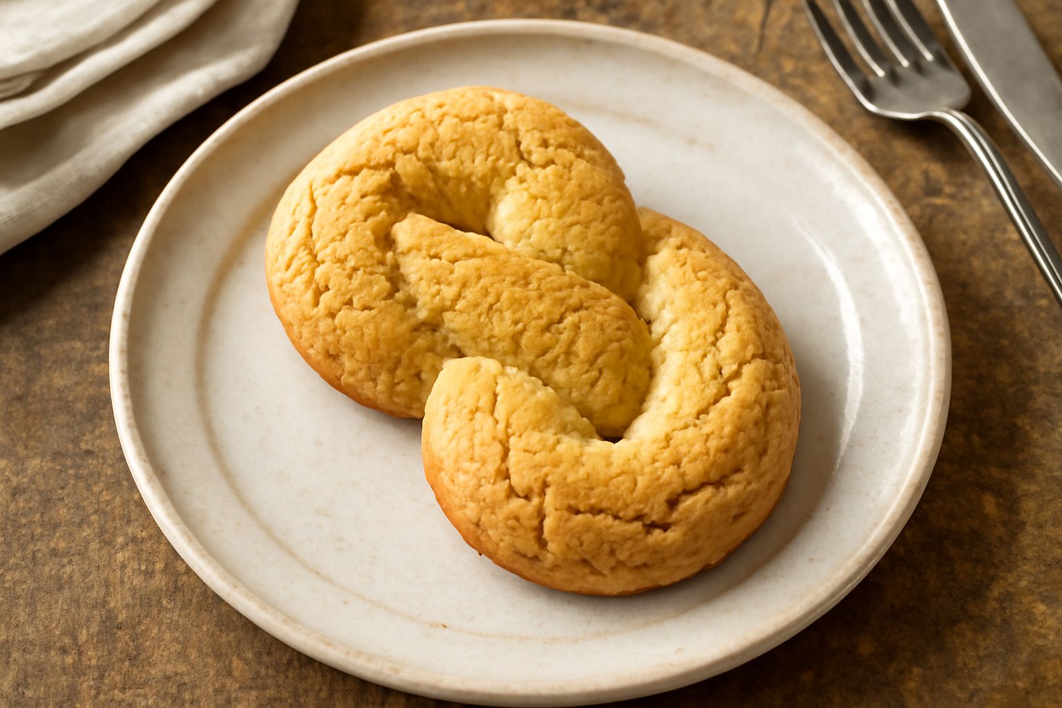 Bussola veronese a forma di treccia dorata, croccante e friabile, disposta su piatto bianco con tovaglia di lino, accanto a una tazza di caffè