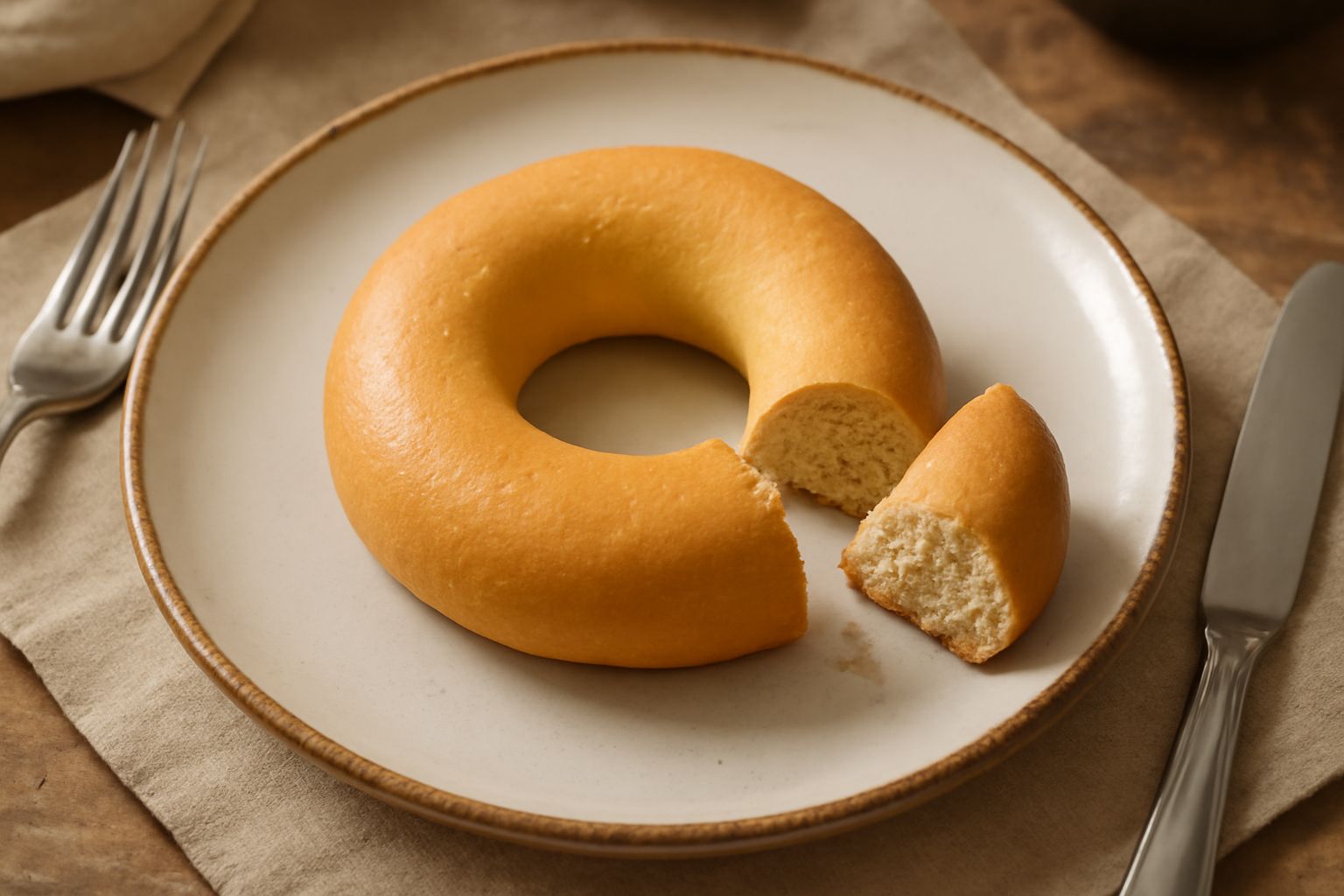 Tre bussolotti color oro su un piatto bianco, forma di ciambella regolare, superficie liscia e lucida, fondo sfumato di legno scuro