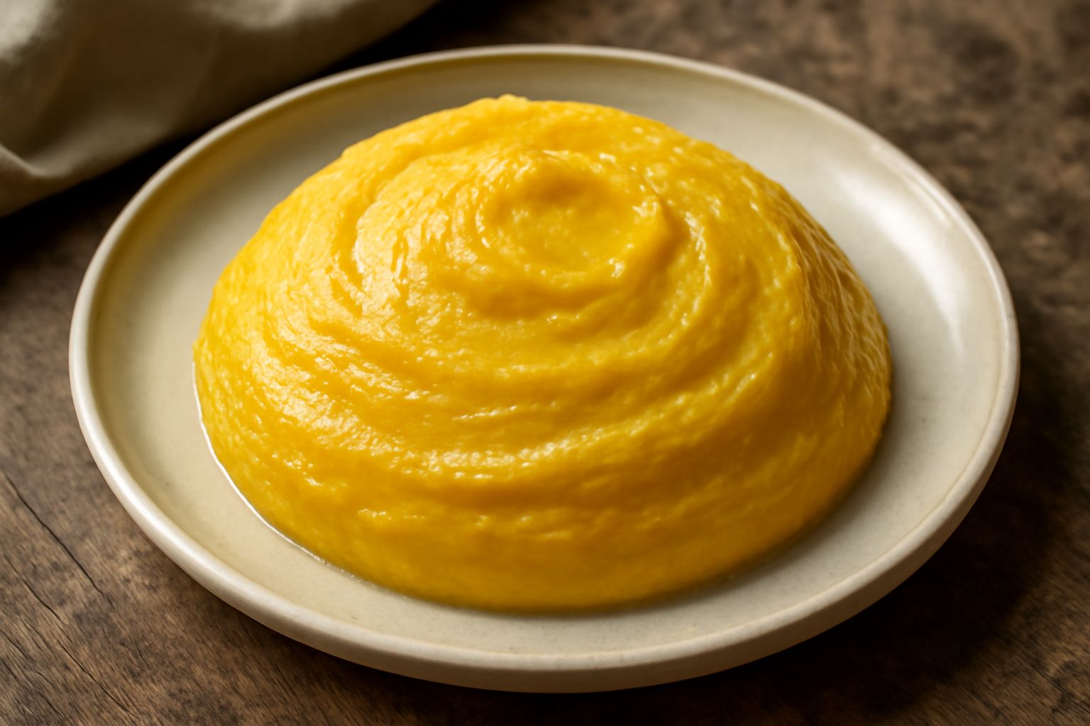 Burro di bufala giallo crema in una ciotola di ceramica bianca, circondato da panna fresca e un cucchiaio di legno su un tavolo di legno naturale