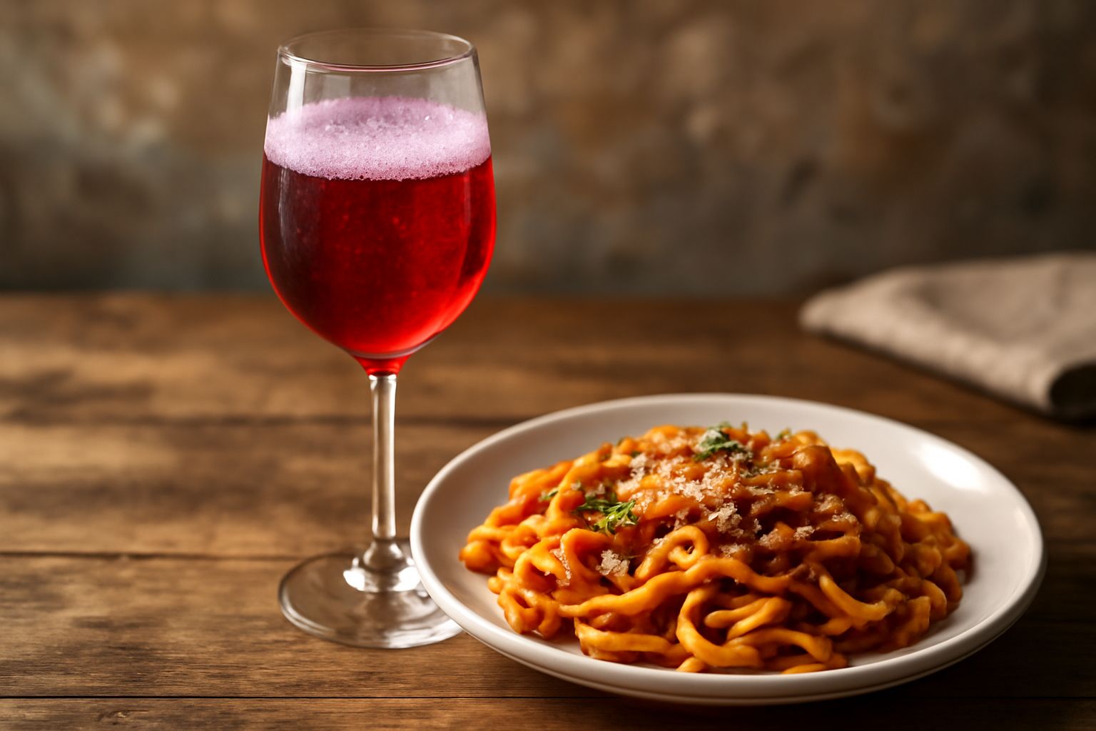 Calice di vino rosso frizzante leggermente torbido, versato da una bottiglia, con etichetta grigia e bianca, su fondo di legno chiaro accanto a piatti di salumi e formaggi locali