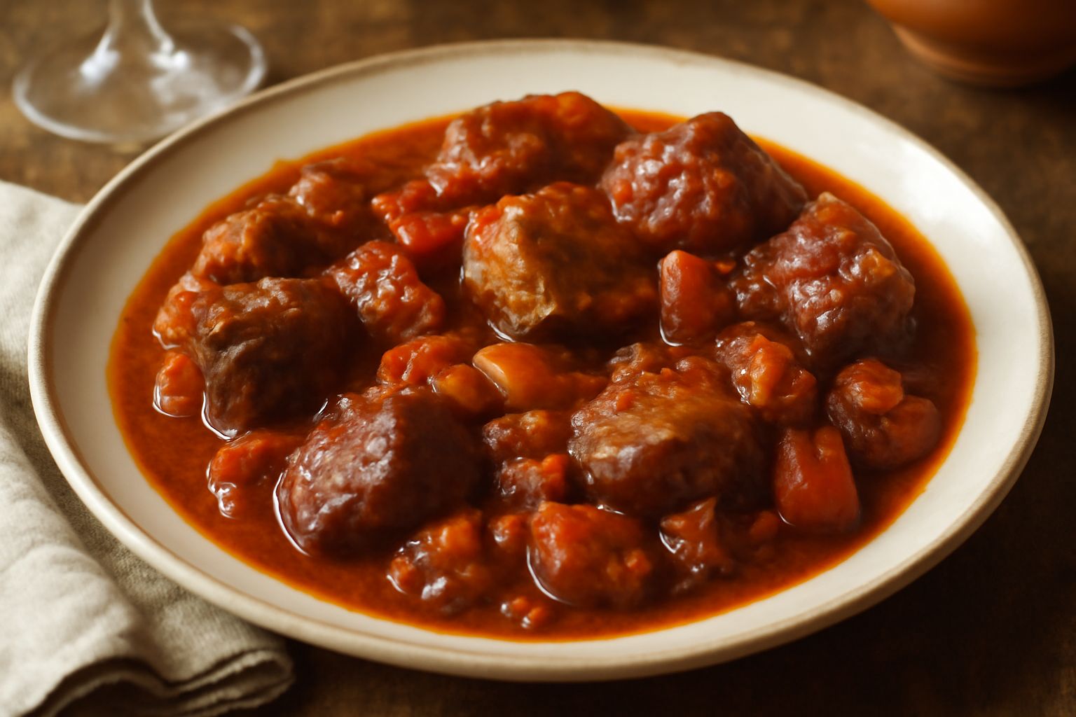 Buttafuoco Storico in pentola di terracotta: stufato di carni rosse e bianche con cipolle dorate, carote, sedano e pomodori, vapore caldo che sale, pane tostato sul bordo