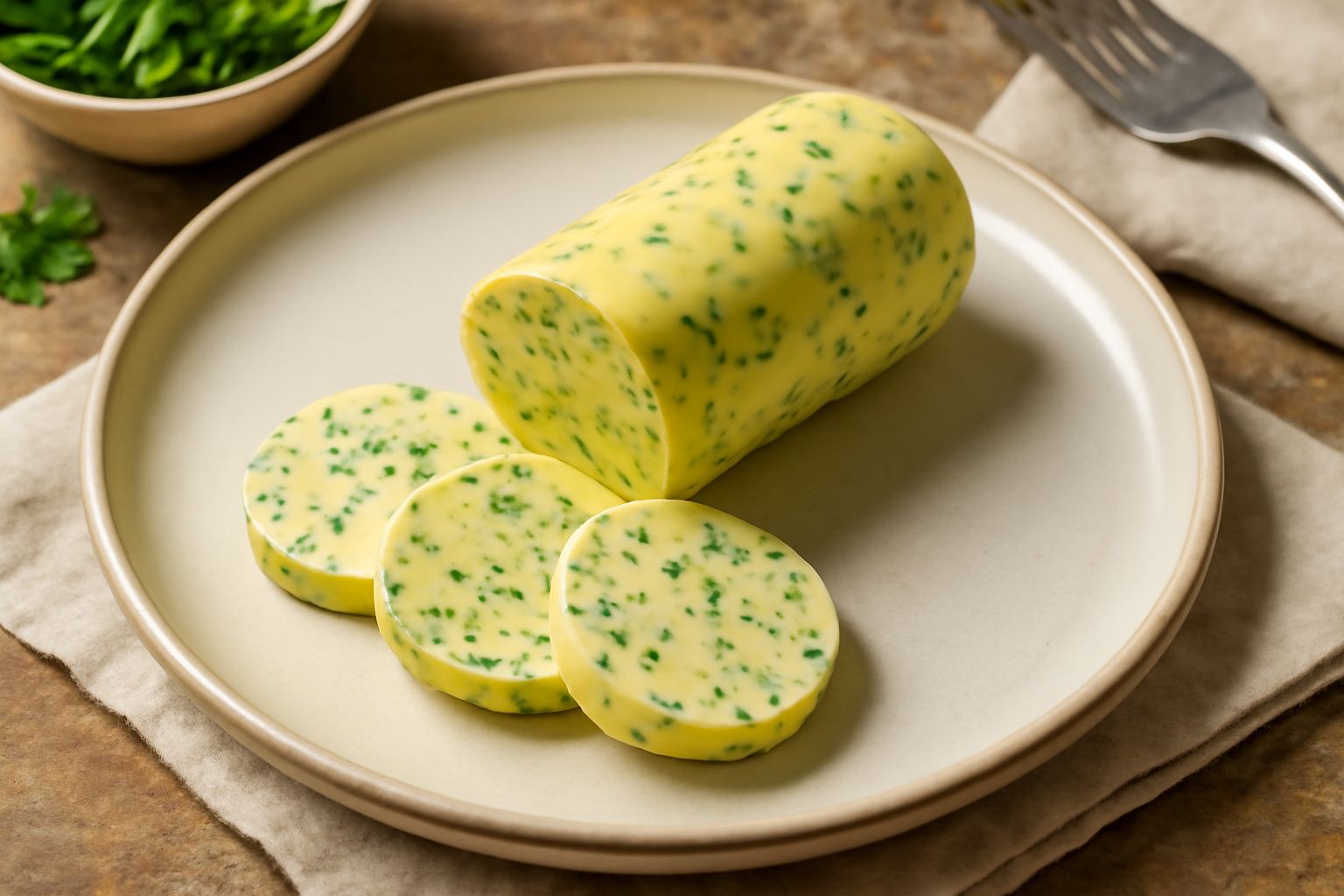 Burro alle erbe formato a cilindro, giallo chiaro con puntini verdi di prezzemolo e erbe aromatiche, affettato in fette spesse su una tavola di legno con rametti di rosmarino accanto