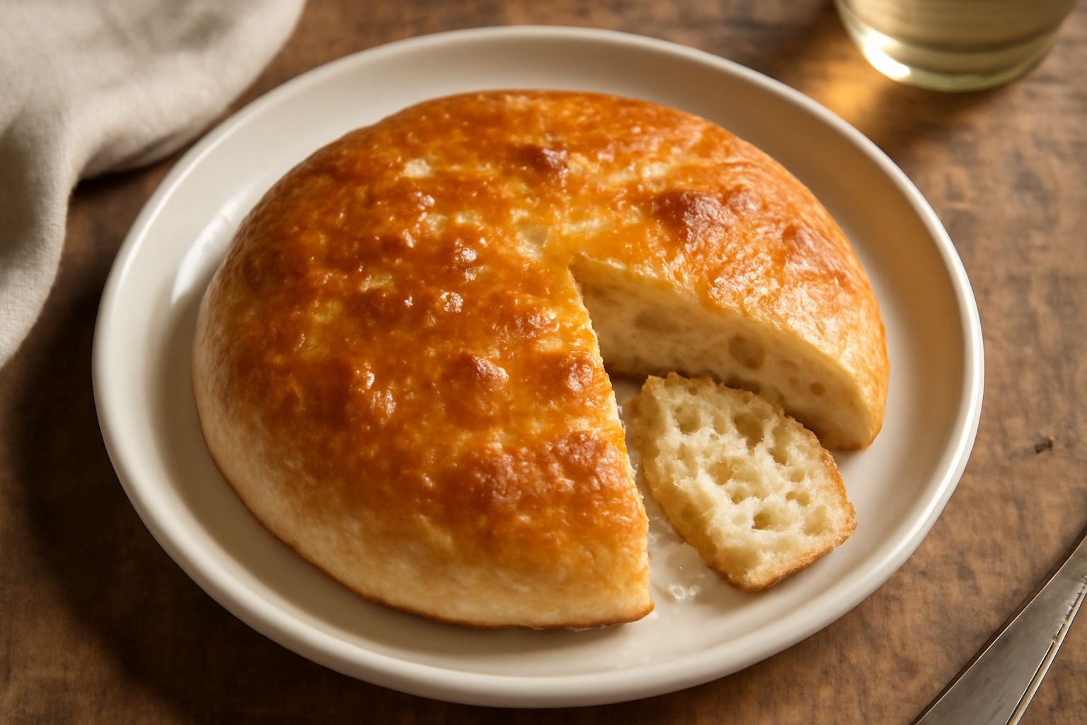 Pane cabasciu dorato appena sfornato, con crosta croccante e screpolature naturali, tagliato a metà per mostrare l'interno soffice e i buchi di aria, ancora fumante, su un tavolo di legno