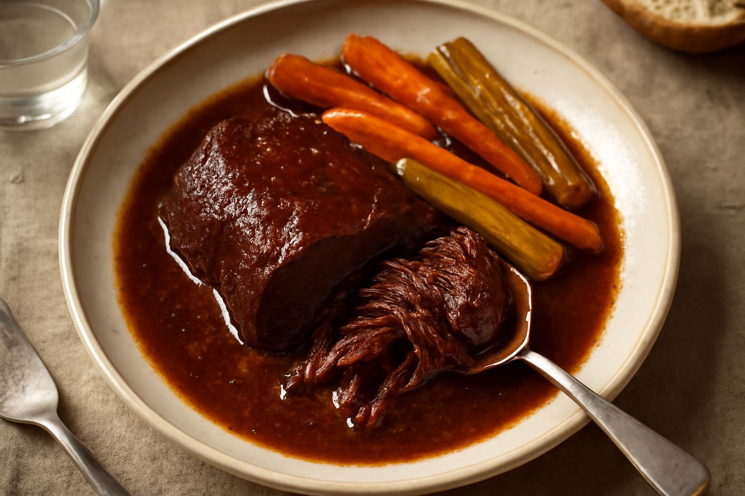 Brasato rosso scuro con sugo lucido servito in un piatto fondo bianco, contornato da carote affettate, sedano e cipolla caramellati, con un bicchiere di Cabernet rosso accanto