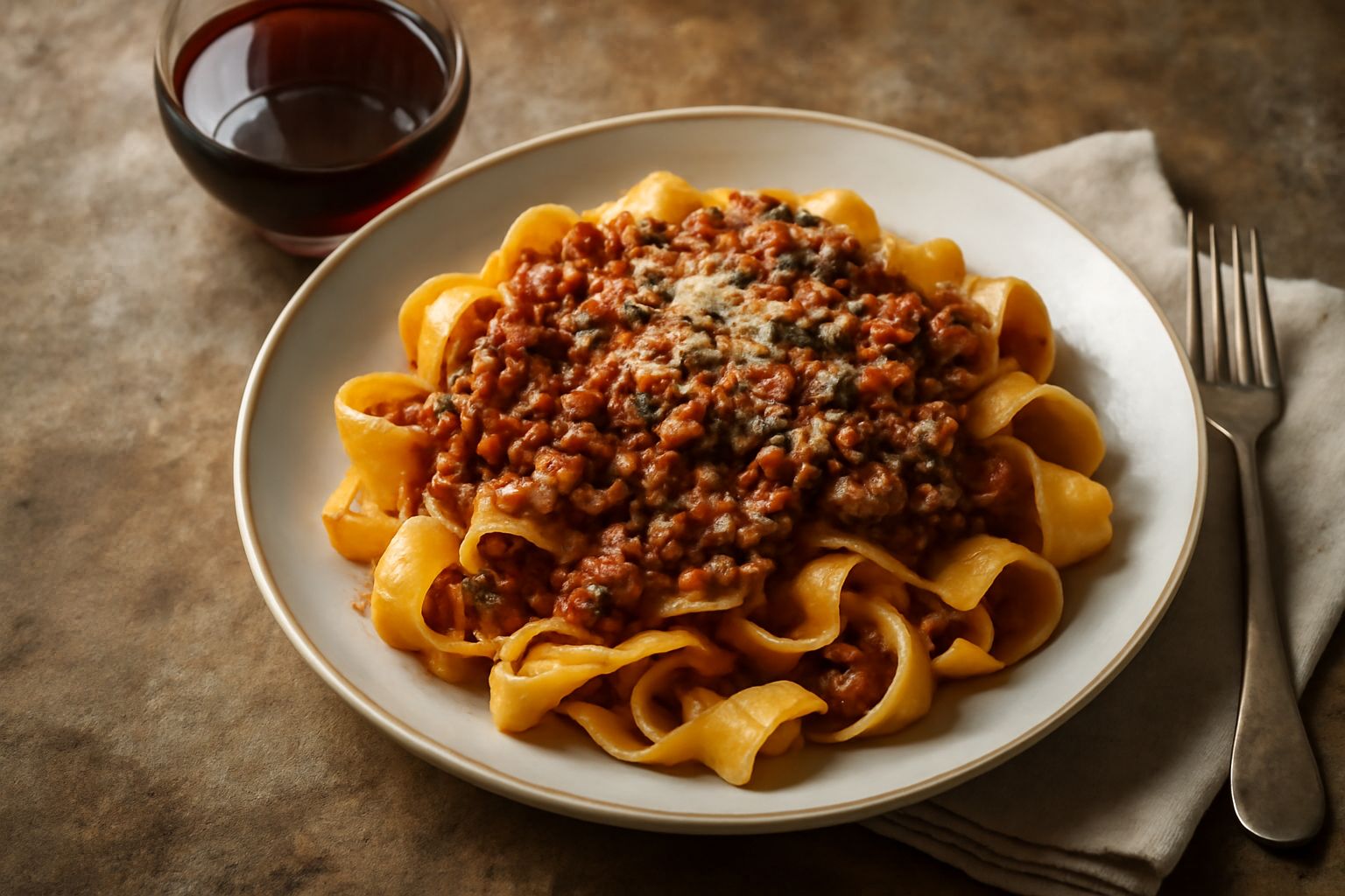 Bicchiere di vino Cabernet friulano di colore rosso rubino con riflessi violacei, accanto a una bottiglia opaca su tavolo di legno, con sfondo di piatti di formaggio e salumi