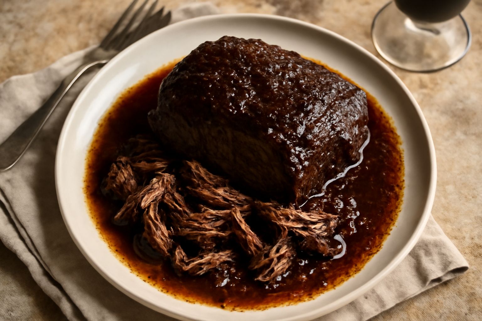 Brasato di manzo scuro in tegame di ghisa con vino rosso Cabernet Sauvignon, carote arancioni e cipolle bianche tagliate, su tavolo di legno con bicchiere di vino nella sfocatura