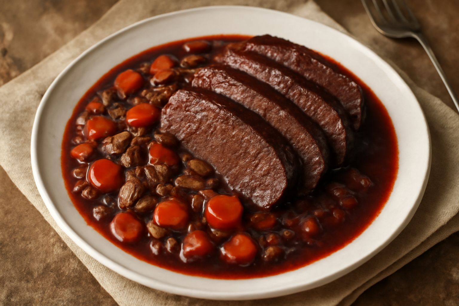 Un piatto bianco con fettine di brasato marrone scuro coperte da sugo denso e lucido, accompagnate da verdure stufate grigio-arancioni, accanto a un bicchiere di vino rosso profondo
