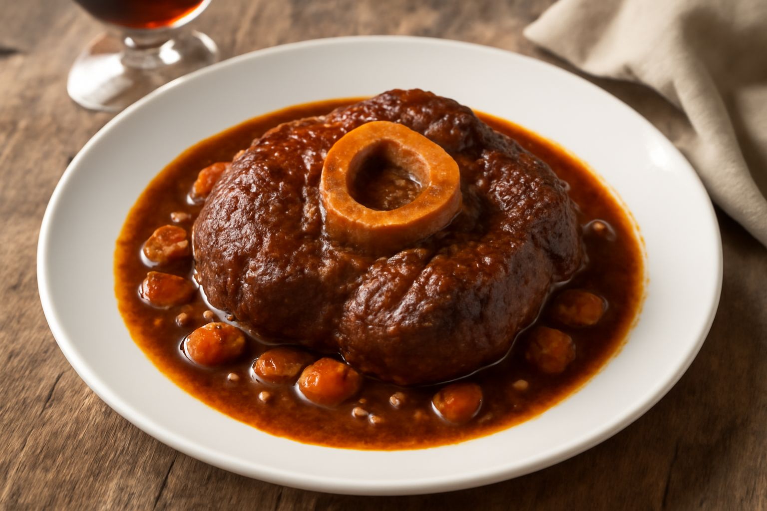 Ossobuco di vitello dorato, tranciato di manzo trasversale da cui fuoriesce il midollo, immerso in un sugo marrone scuro e lucido con carota, sedano e rosmarino fresco, su un piatto bianco fondo.