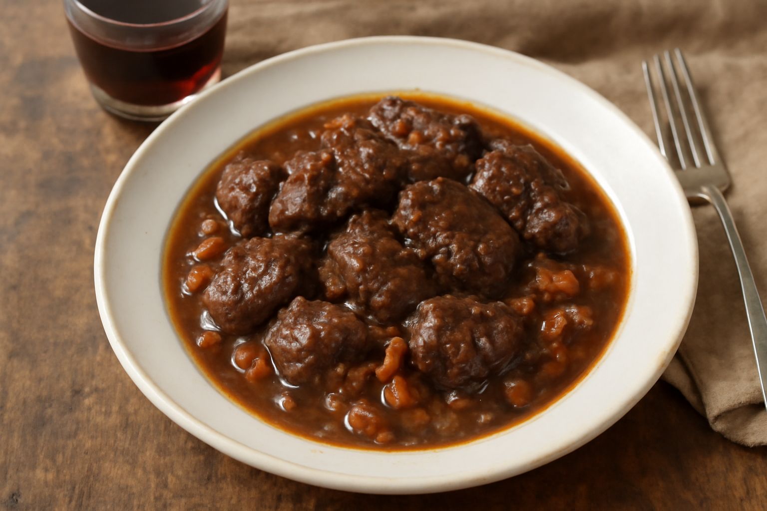 Cacciagione in umido in un piatto bianco fondo, con carne scura e tenera immersa in sugo marrone intenso, pezzi di cipolla e carota visibili, contorno di polenta cremosa, guarnizione di prezzemolo fre