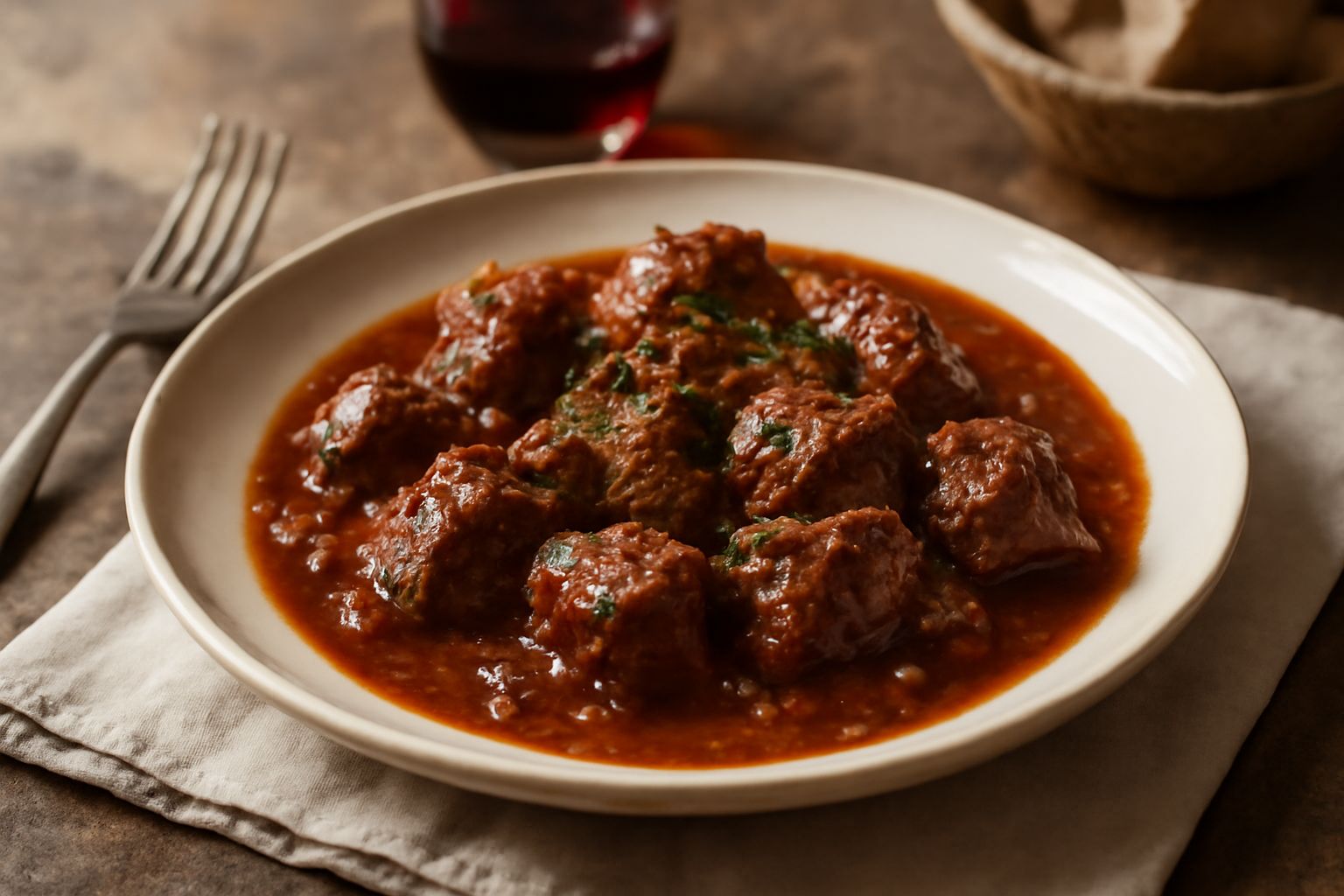 Pentola di terracotta con cinghiale in umido, pezzi di carne scura immersi in sugo rosso scuro con pomodori, sedano e carota, vapore che sale dalla pentola