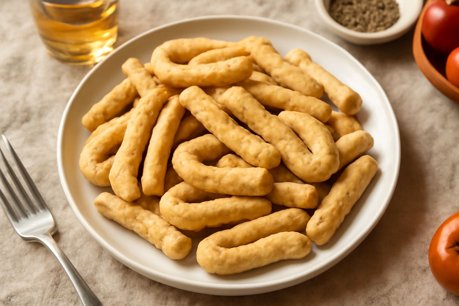 Cacciatorini dorati e croccanti disposti su un piatto bianco, alcuni spezzati in due per mostrare la consistenza friabile, con uno sfondo di tavolo in legno naturale