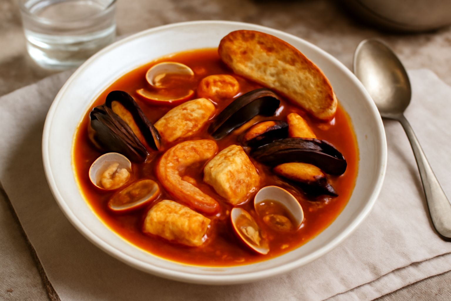 Cacciucco alla laziale servito in ciotola di ceramica bianca: brodo rosso con pomodoro, vongole, cozze, gamberi, pezzi di pesce bianco e prezzemolo fresco tritato in superficie