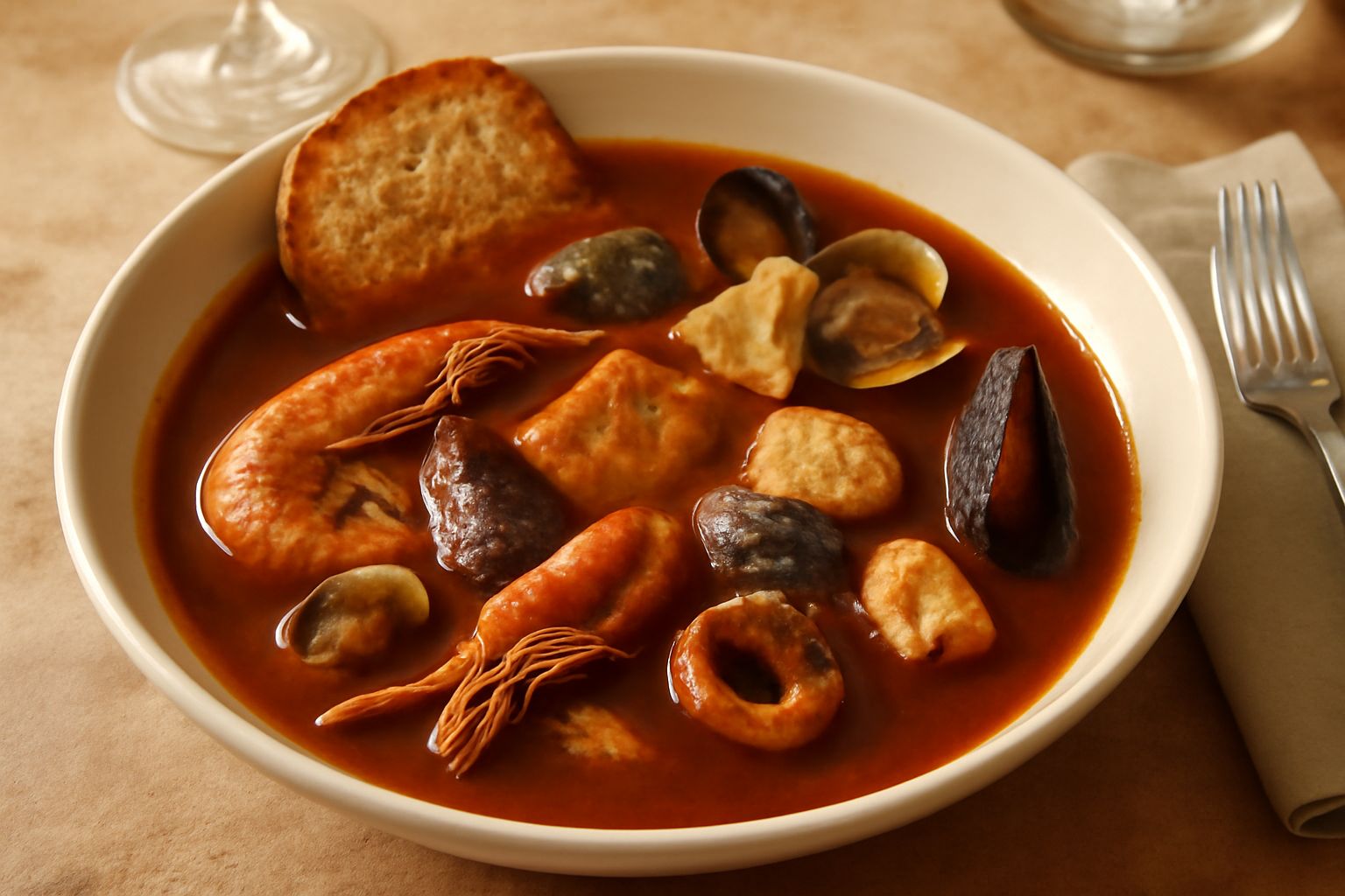 Ciotola di cacciucco alla pisana con gamberi rossi, vongole, pezzi di pesce bianco e calamaro in brodo rosso scuro, servito con fette di pane tostato accanto