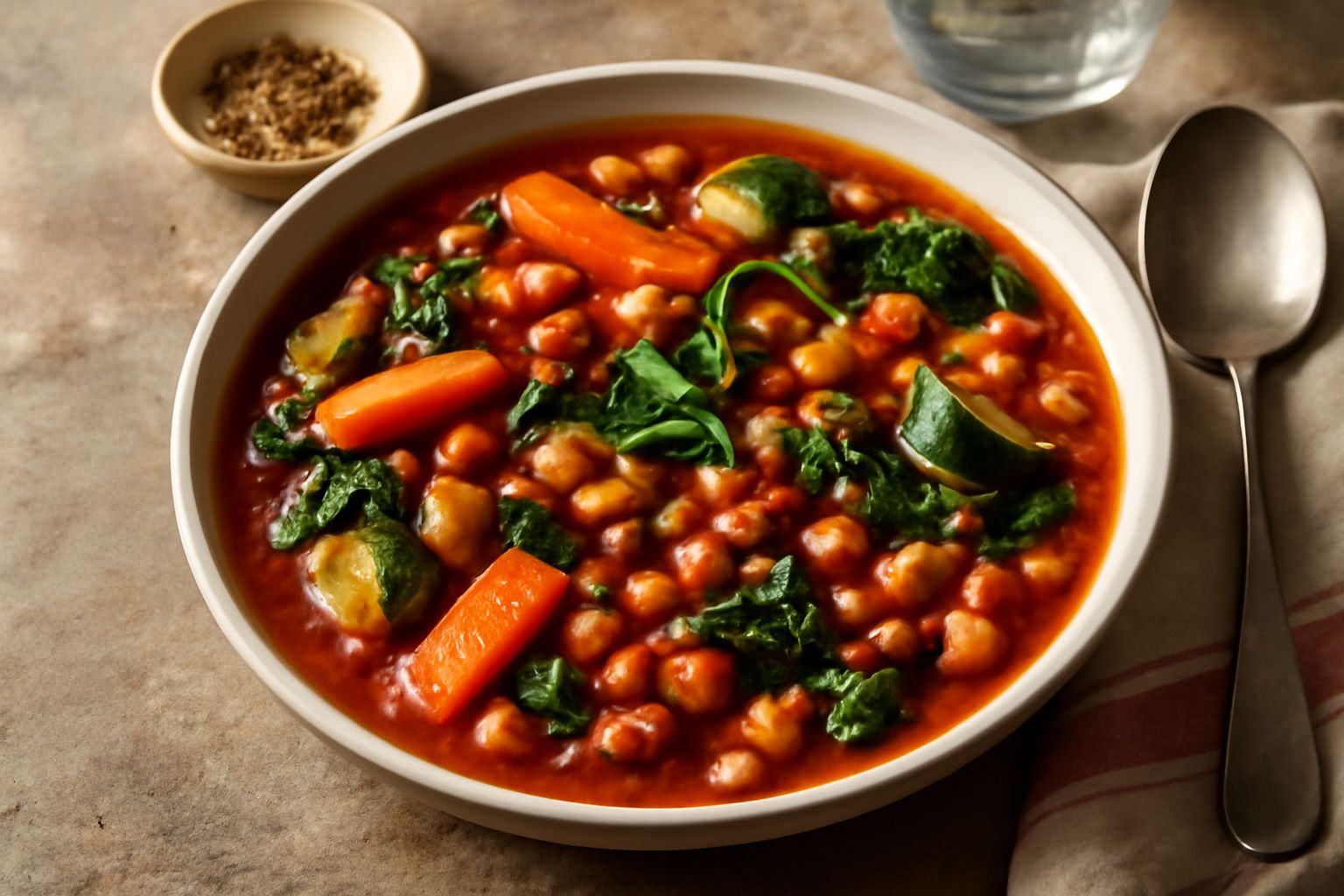 Cacciucco di magro in ciotola di ceramica bianca con fette di pane tostato, verdure visibili nel brodetto rosso, peperoncino rosso sfocato sullo sfondo