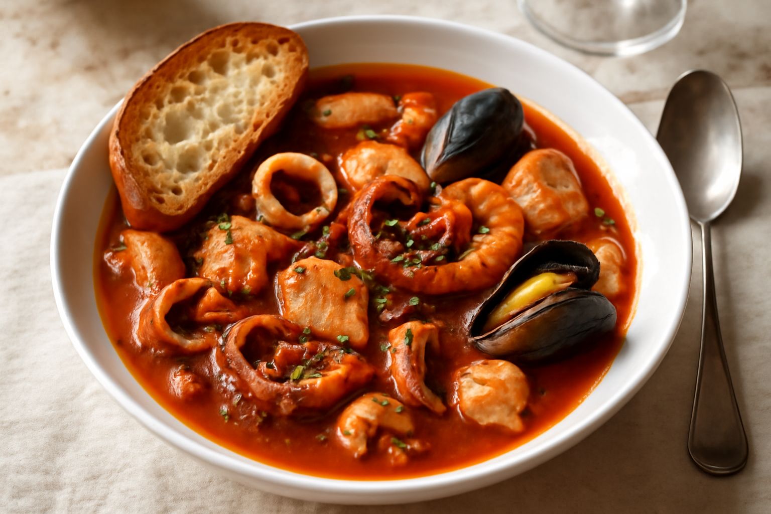 Una pentola in terracotta con brodone rosso di pesce, calamari, vongole, gamberi e pezzi di pane tostato ai bordi, servito in una ciotola bianca