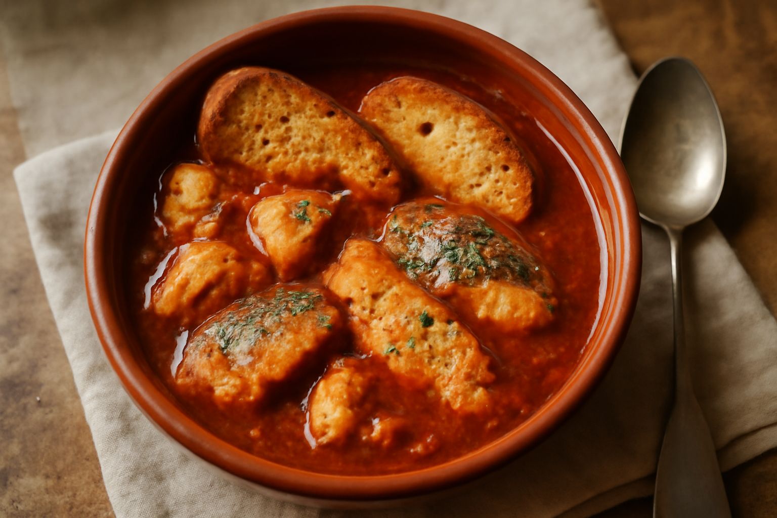Brodetto rosso scuro in terracotta con pezzi di pesce bianco, crostini dorati galleggianti, aglio affettato visibile, con una spruzzata di prezzemolo fresco al centro