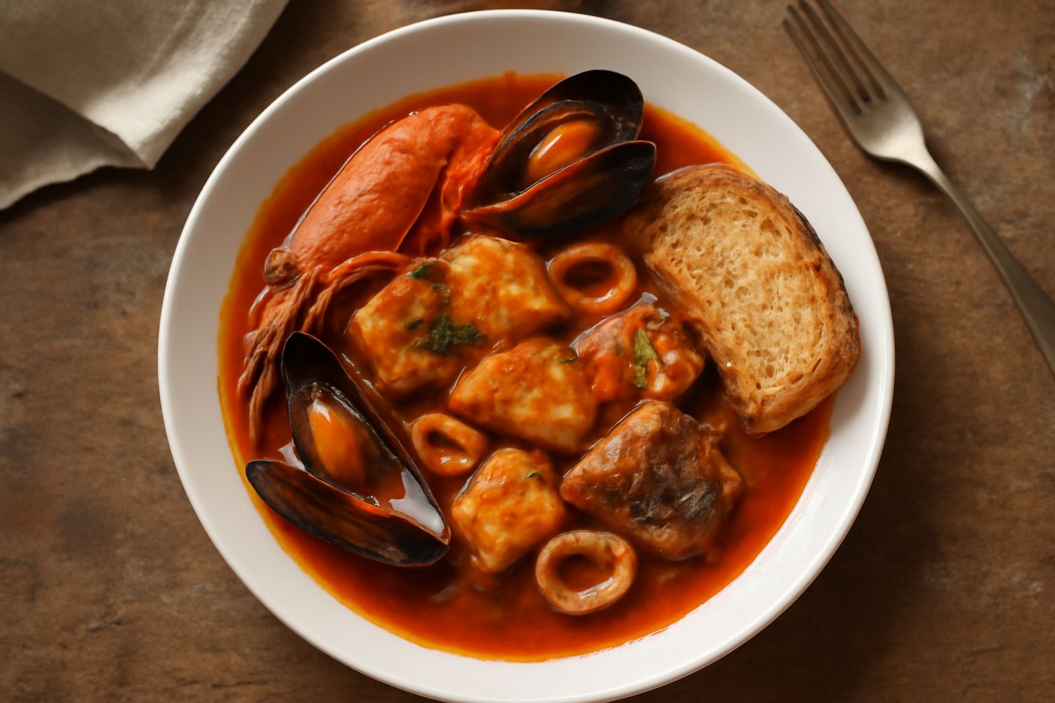 Una ciotola di cacciucco fumante con pezzi di pesce bianco e rosso, molluschi e pomodoro rosso vivo, con fette di pane tostato ai bordi su sfondo grigio