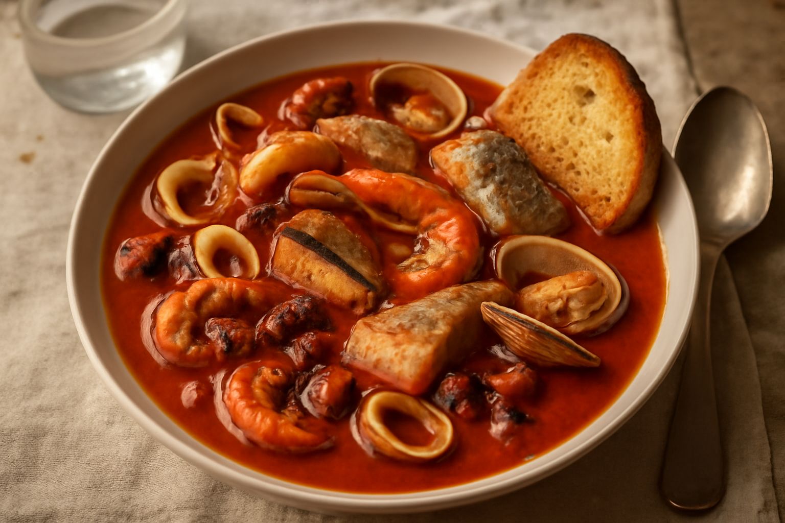 Cacciucco livornese in una ciotola bianca: zuppa densa di pesce misto, calamari, polpo e frutti di mare in brodo rosso con pomodori, con fette di pane tostato sul fondo e prezzemolo fresco, foto dall'
