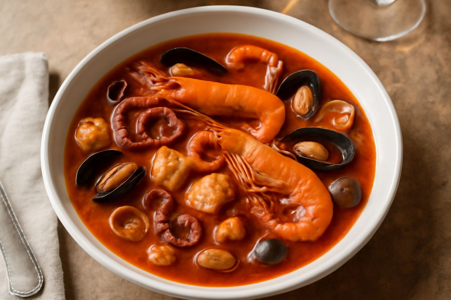 Zuppa di pesce cacciucco messinese in ciotola di ceramica bianca: brodo rosso di pomodoro con pezzi di pesce bianco, polpo, gamberi, cozze e vongole, olio d'oliva sulla superficie, pane tostato accant