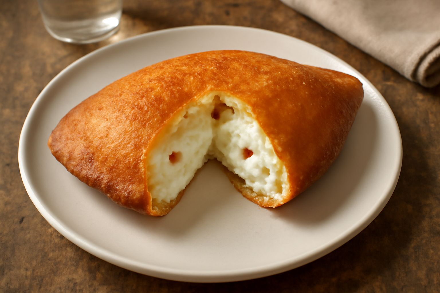 Caciata dorata e croccante spezzata a metà che mostra il ripieno di ricotta bianca e zucchero, servita su un piatto bianco con una spolverata di zucchero a velo