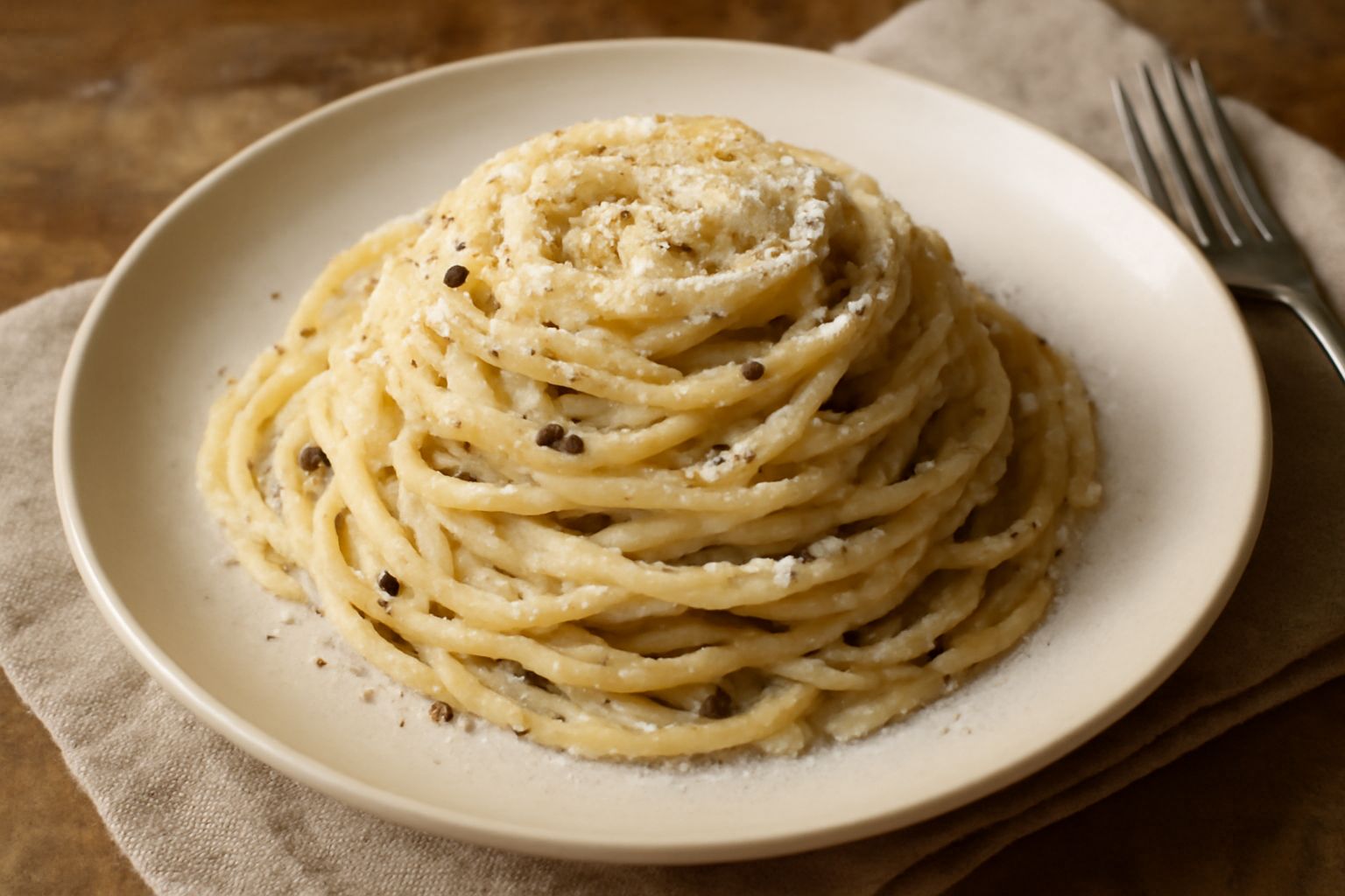 Piatto bianco con spaghetti giallastri ricoperti di una salsa cremosa bianco panna, grani di pepe nero visibili in superficie e scaglie dorate di pecorino, vapore appena percettibile, placcaggio senza