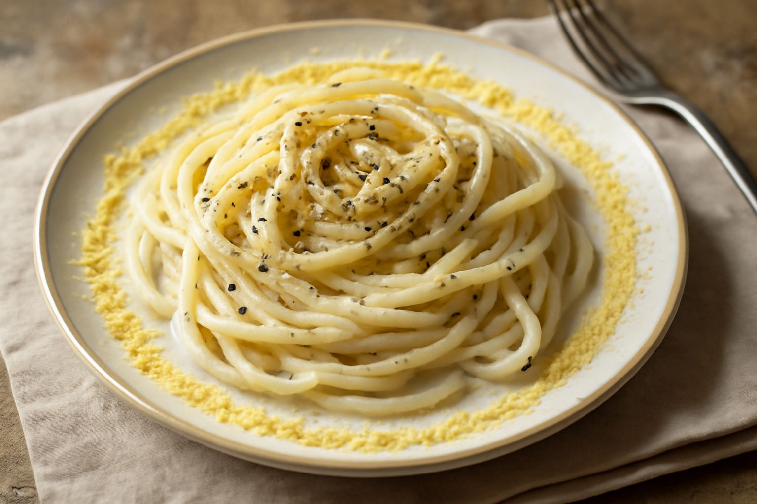 Piatto di pasta bianca cremosa con granelli di pepe nero distribuiti uniformemente, grattugia di pecorino romano dorato sui bordi, servito in ciotola di ceramica con fondo bianco e contorno di nero.