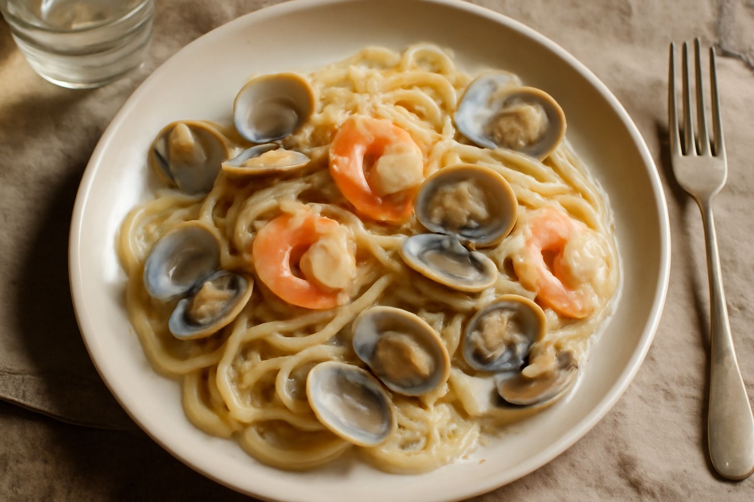 Piatto di pasta lunghe bionda ricoperta di cremosa salsa bianca con pepe nero visibile, vongole aperte e gamberi rosa sparsi in superficie, spolverata di pecorino romano grattugiato, servita in piatto