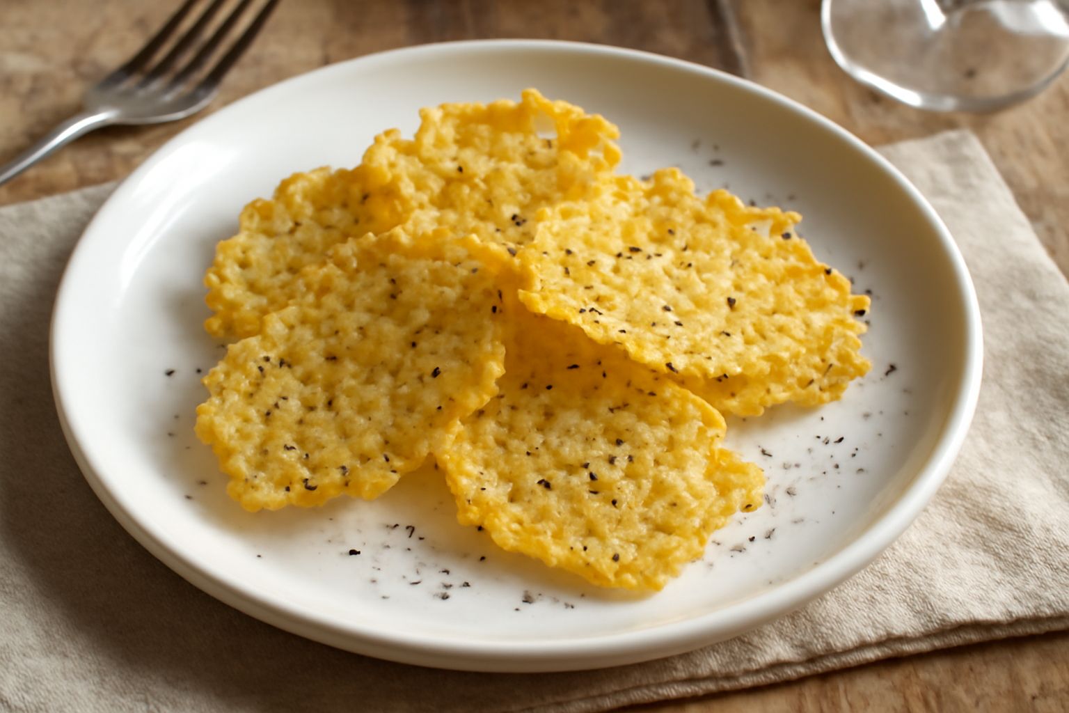Piccole cialda di pecorino romano grattugiato dorato e croccante, cosparso di pepe nero macinato visibile, servito su fette di pane tostato croccante su un piatto bianco