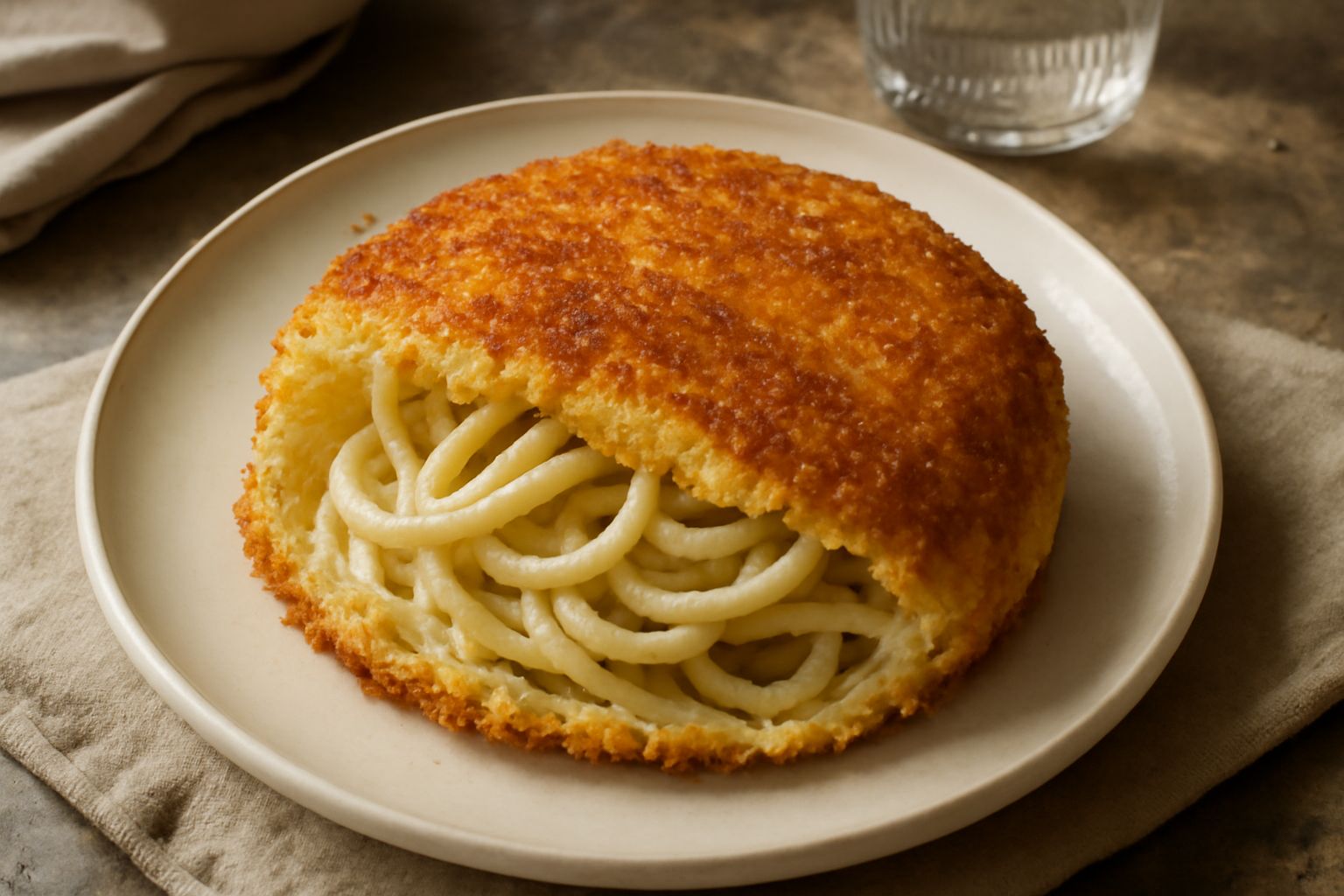 Piatto con pasta cacio e pepe coperta da una crosta dorata e croccante di parmigiano grattugiato, pepe nero visibile sulla superficie, servito in un piatto bianco con qualche grano di pepe sparso into