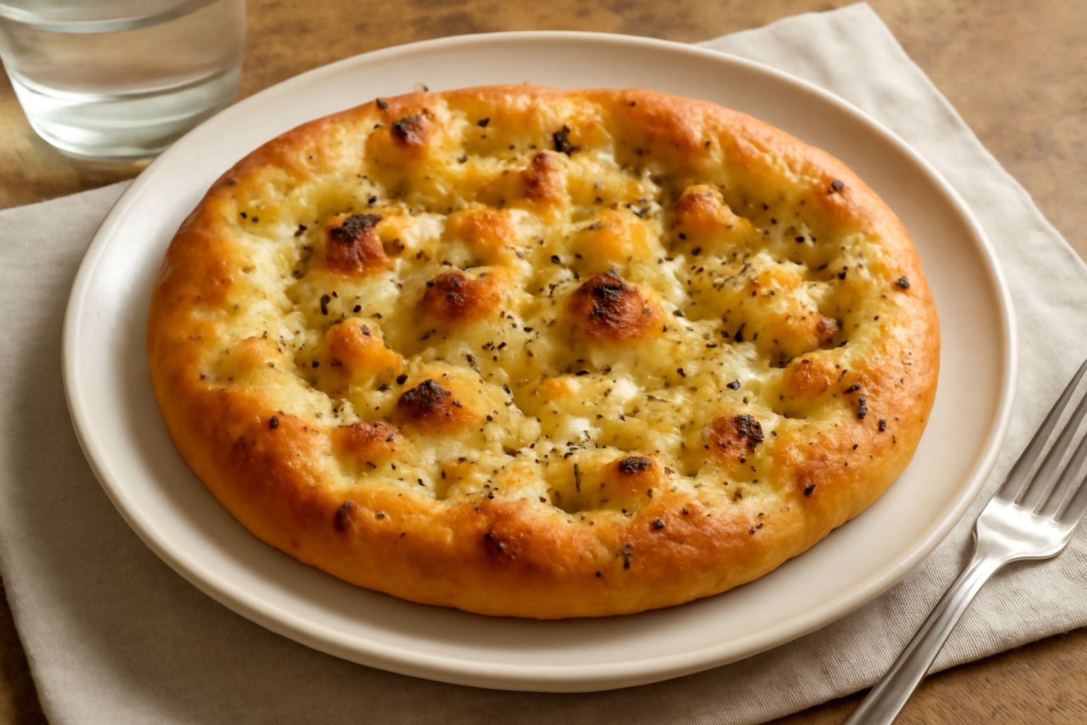 Focaccia quadrata dorata con crosticina salata, pezzetti visibili di Pecorino Romano giallastro, granelli di pepe nero disposti in superficie, su piatto bianco con olio d'oliva a filo