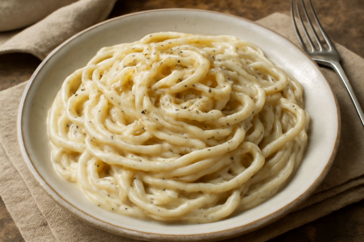 Piatto di spaghetti cacio e pepe in tegame di ferro con cremosità bianca, granelli di pepe nero visibili, servito fumante con forchetta dentro, sullo sfondo un tovagliolo beige.