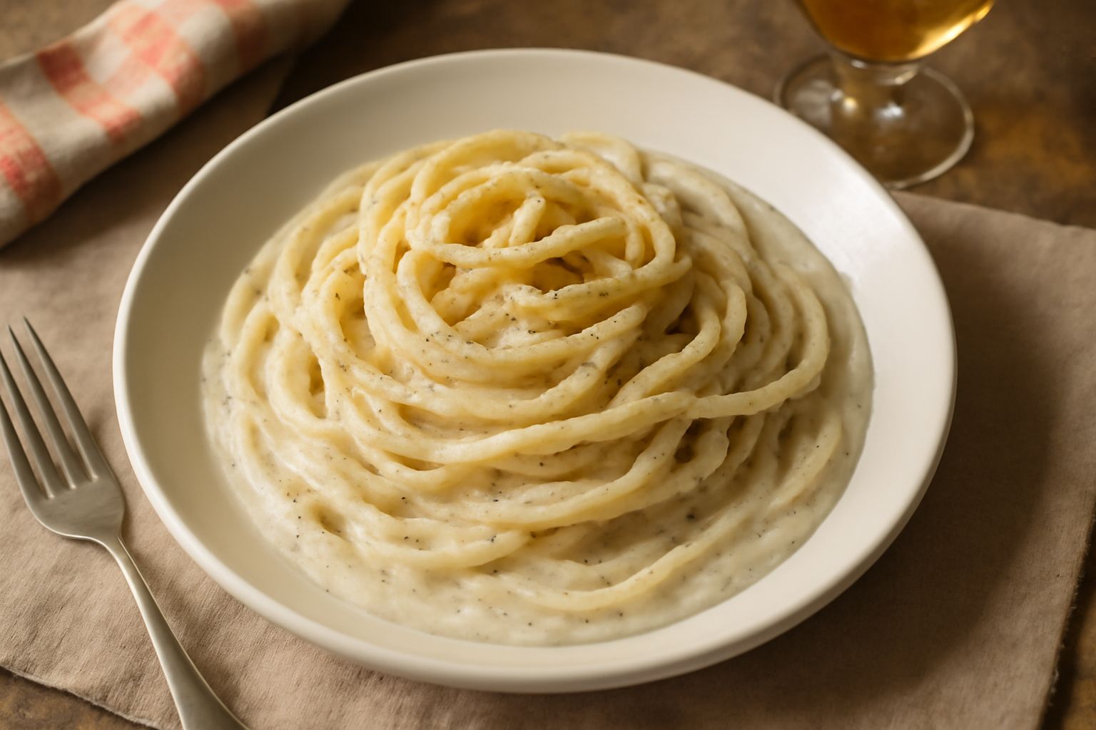 Pasta spaghetti cremosa ricoperta di pepe nero macinato in grani visibili, con filo di formaggio pecorino che pende dalla forchetta, servita in piatto bianco fondo, vapore leggero sulla superficie