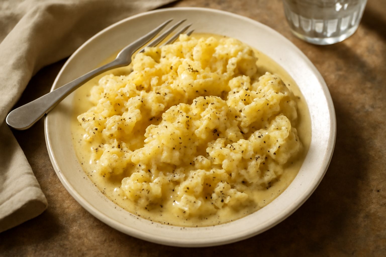 Un piatto bianco con una porzione di cavolfiore cremoso color giallo oro, ricoperto di pepe nero macinato grosso e scaglie di pecorino romano bianche; al centro, i florets si intravedono sotto la sals