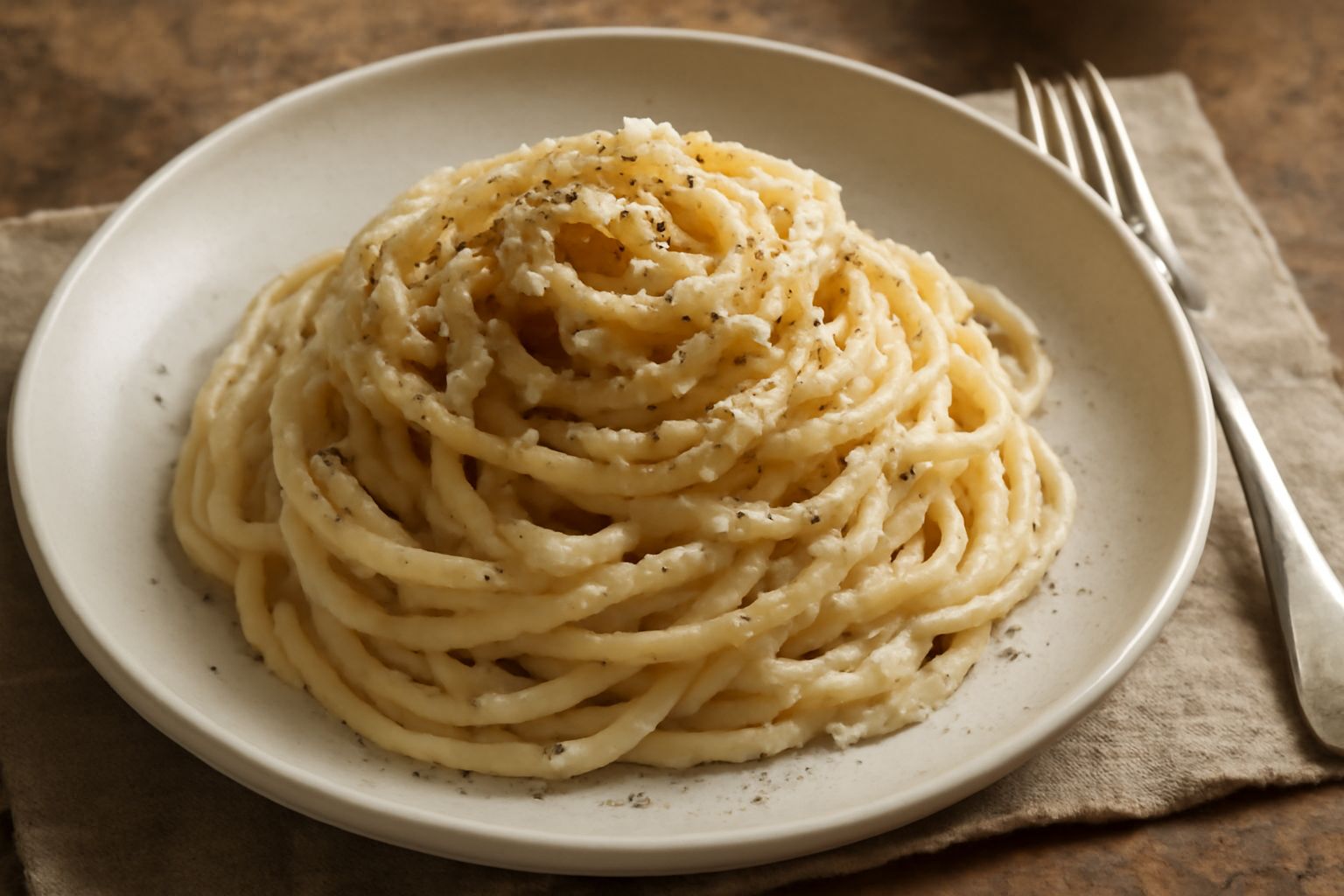 Piatto di pasta con crema gialla e omogenea, pepe nero macinato visibile in superficie, guarnito con scaglie di formaggio bianco e due o tre grani di pepe nero, su piatto bianco