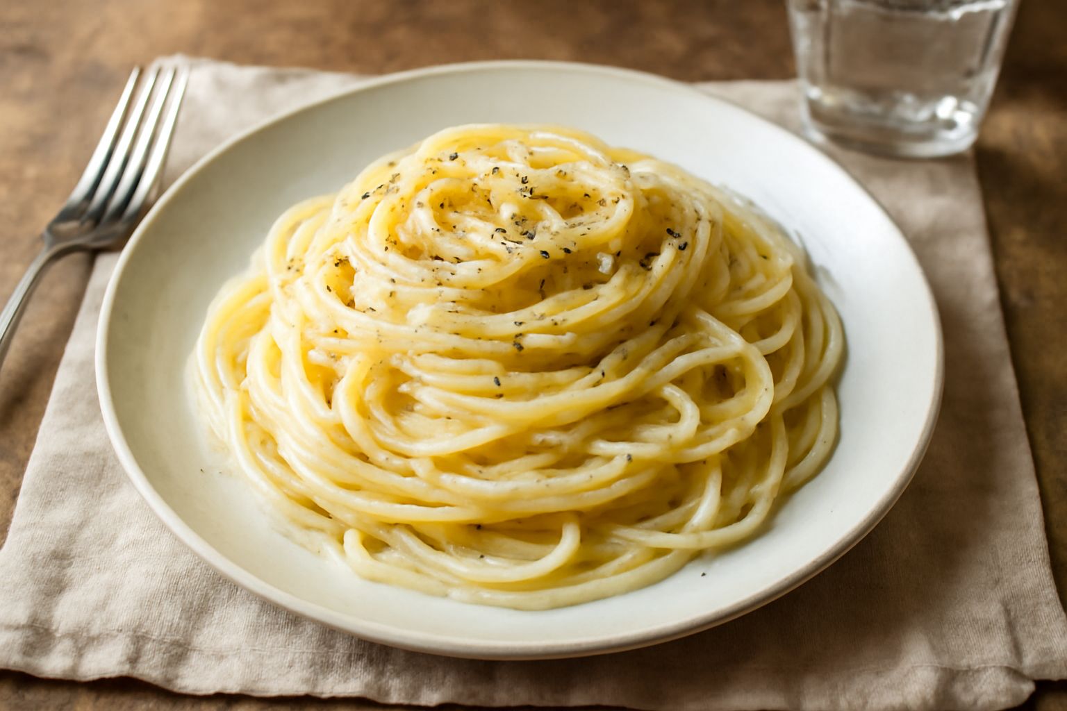 Piatto di pasta tondi in primo piano con salsa cremosa color bianco avorio, cosparso di pepe nero macinato grosso, pezzetti di pecorino visibili e filo di olio verde oliva, presentato in ciotola di ce