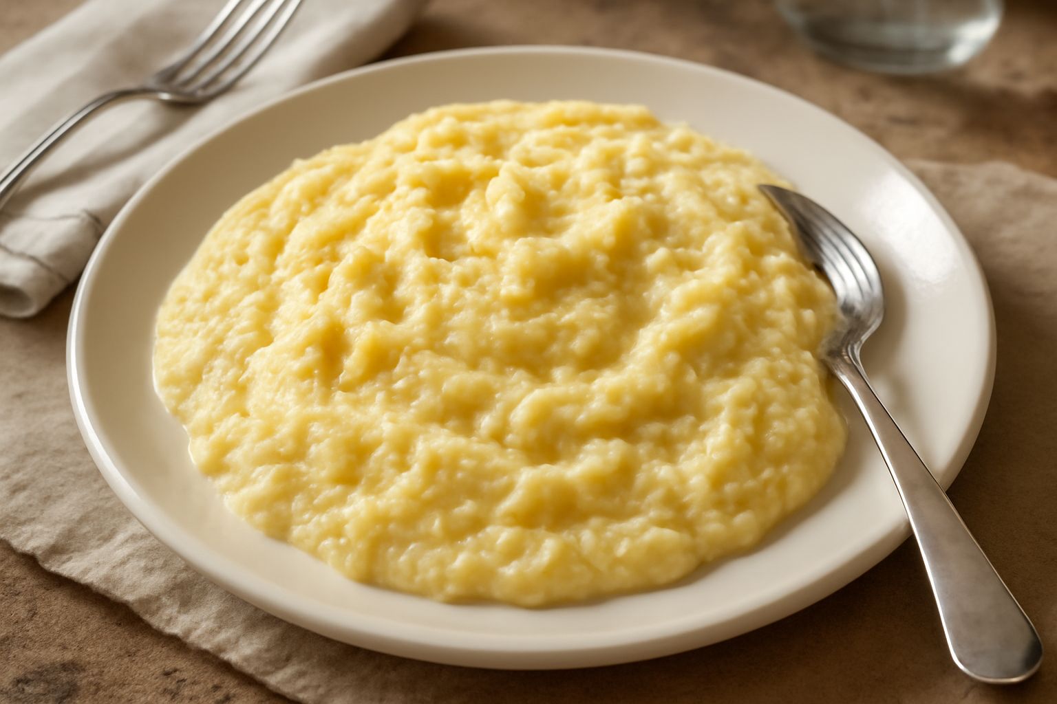 Uova cremose di colore giallo pallido con striature di formaggio fuso, servite in un piatto bianco su una tavola di legno con pane tostato accanto