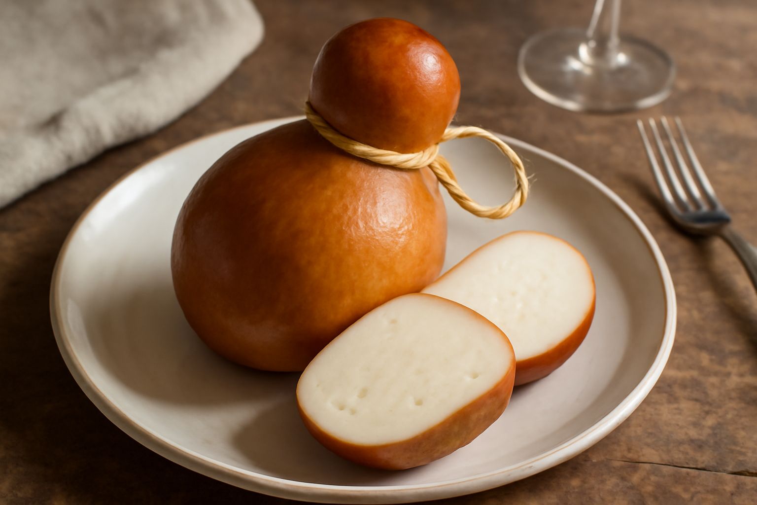 Caciocavallo affumicato di colore marrone dorato, di forma oblunga con corda legata al centro, posato su un piano di legno scuro con fondo sfumato grigio