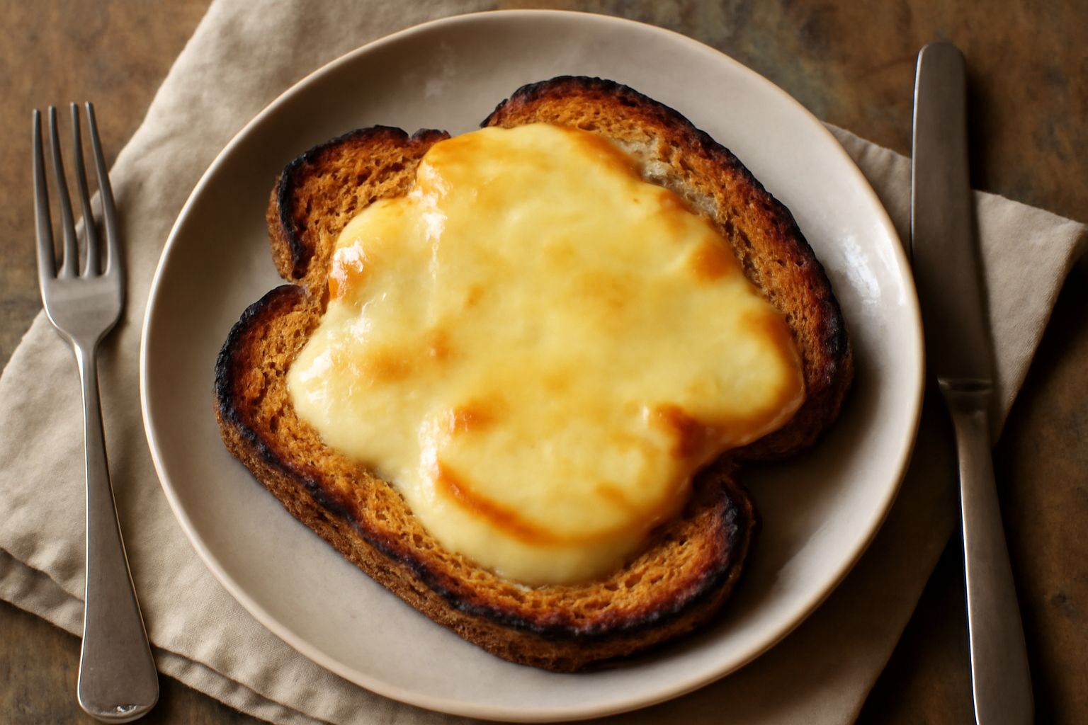 Fette di caciocavallo affumicato giallo-dorato adagiate su pane tostato scuro, con crosta dorata e briciole dorate in primo piano, servito su piatto bianco