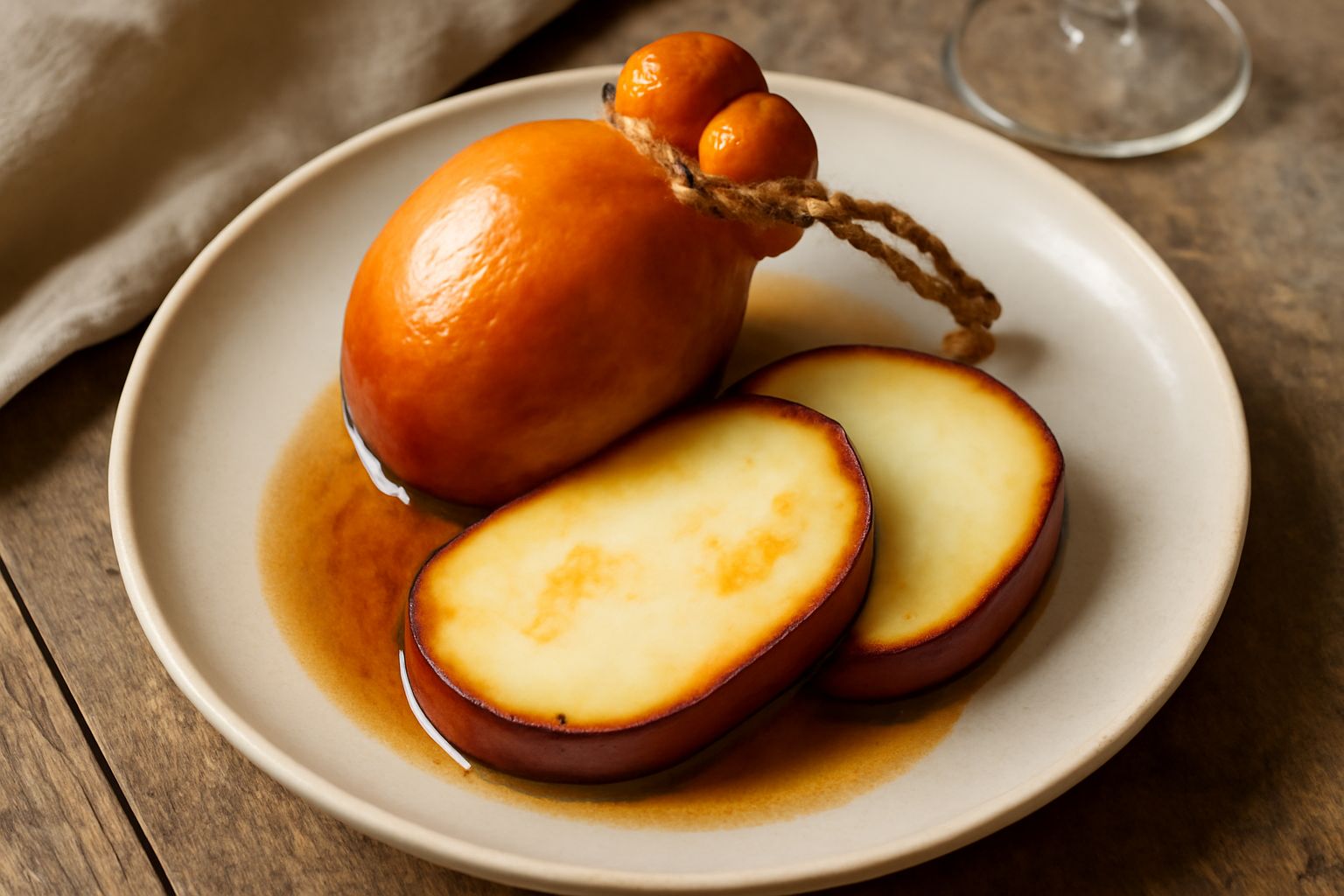 Fette di caciocavallo affumicato con crosta dorata e striature brunastre, disposte su un tagliere di legno scuro con contorno di pane tostato e pomodori rossi