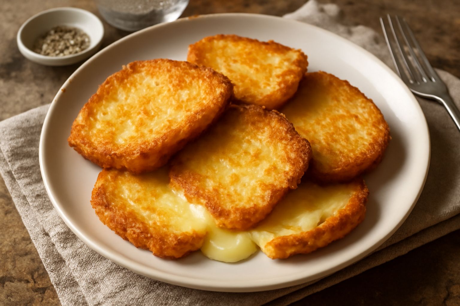 Caciocavallo affumicato fritto in piatto bianco, fette dorate e croccanti impilate leggermente, vapore caldo ancora visibile, contorno di limone fresco tagliato a spicchi e prezzemolo verde
