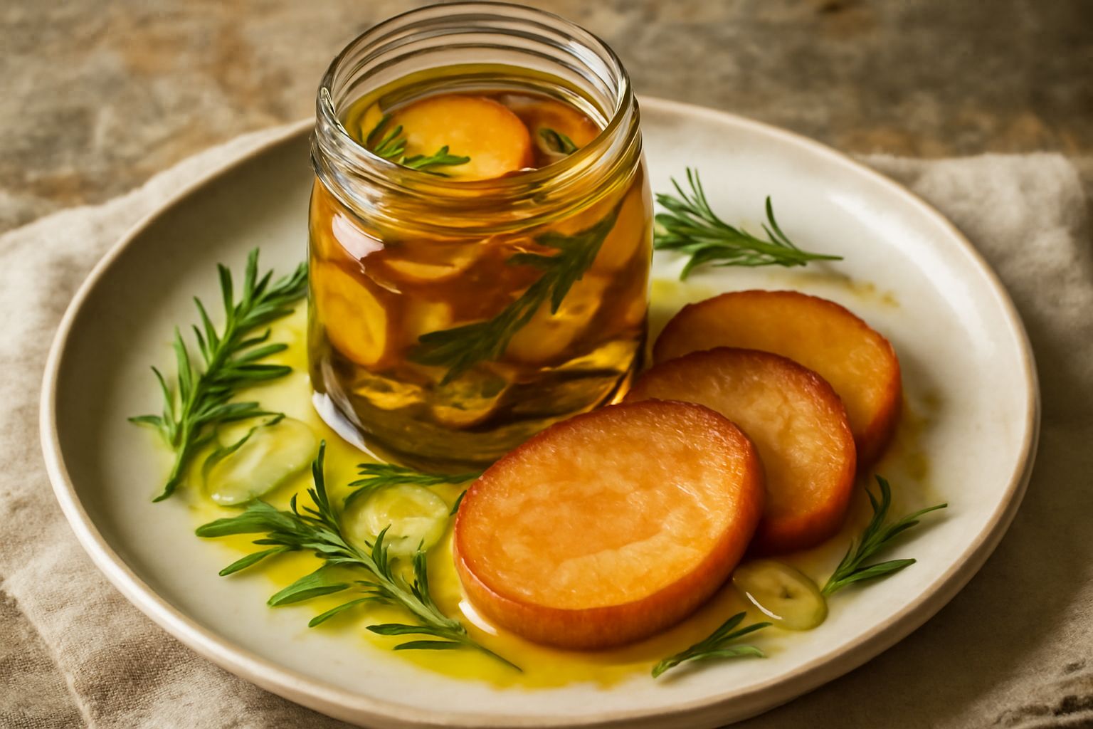 Vasetto di vetro con caciocavallo affumicato a fette immerse in olio d'oliva trasparente, con rametti di rosmarino e peperoncini rossi, su sfondo bianco