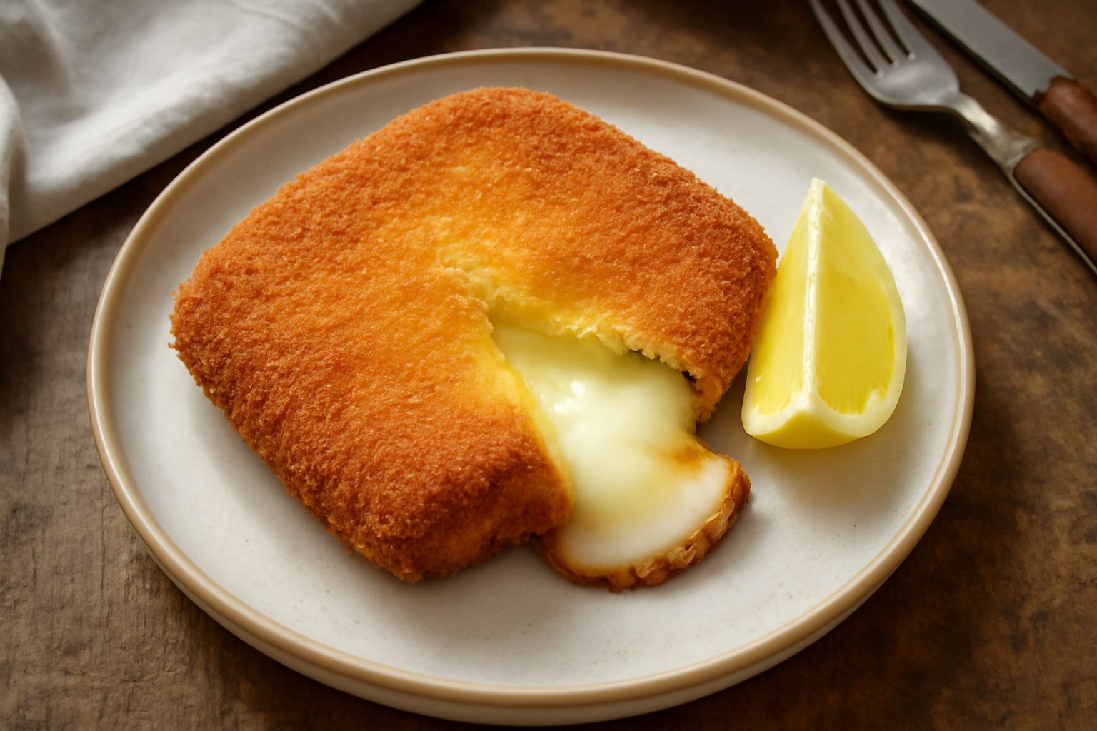 Caciocavallo affumicato in crosta su piatto bianco: panatura dorata e croccante, interno che mostra il formaggio filante, contorno di limone fresco e insalata verde
