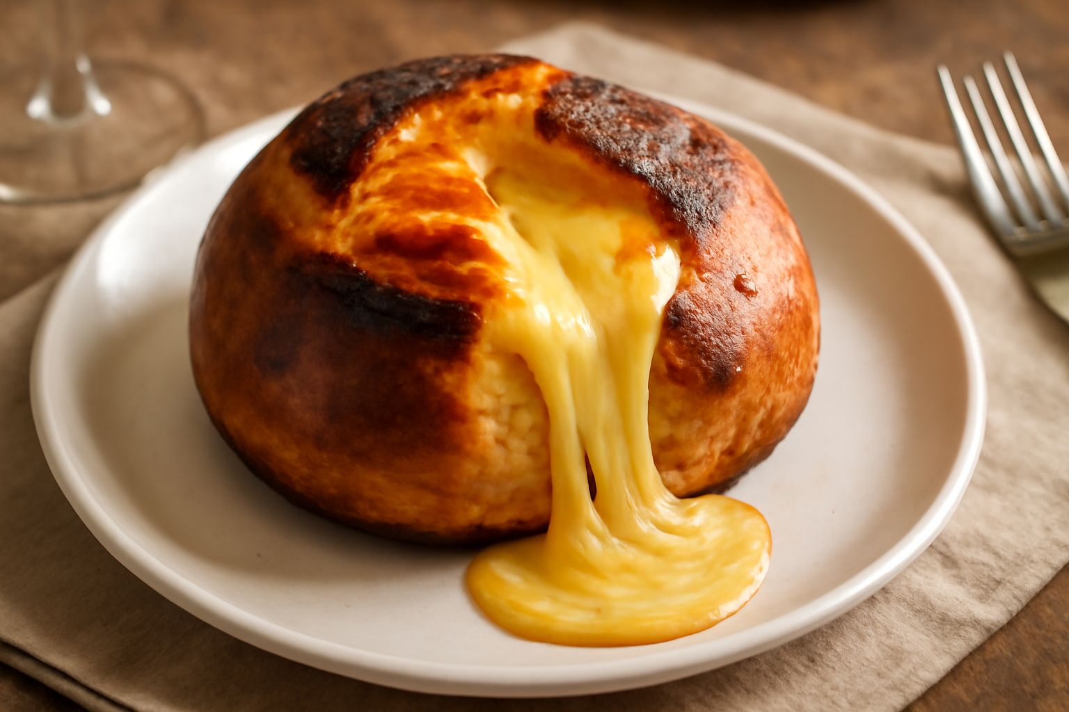 Fetta di pane tostato color marrone dorato con caciocavallo affumicato filante che fuoriesce dal taglio, servito in piatto bianco con olio d'oliva intorno