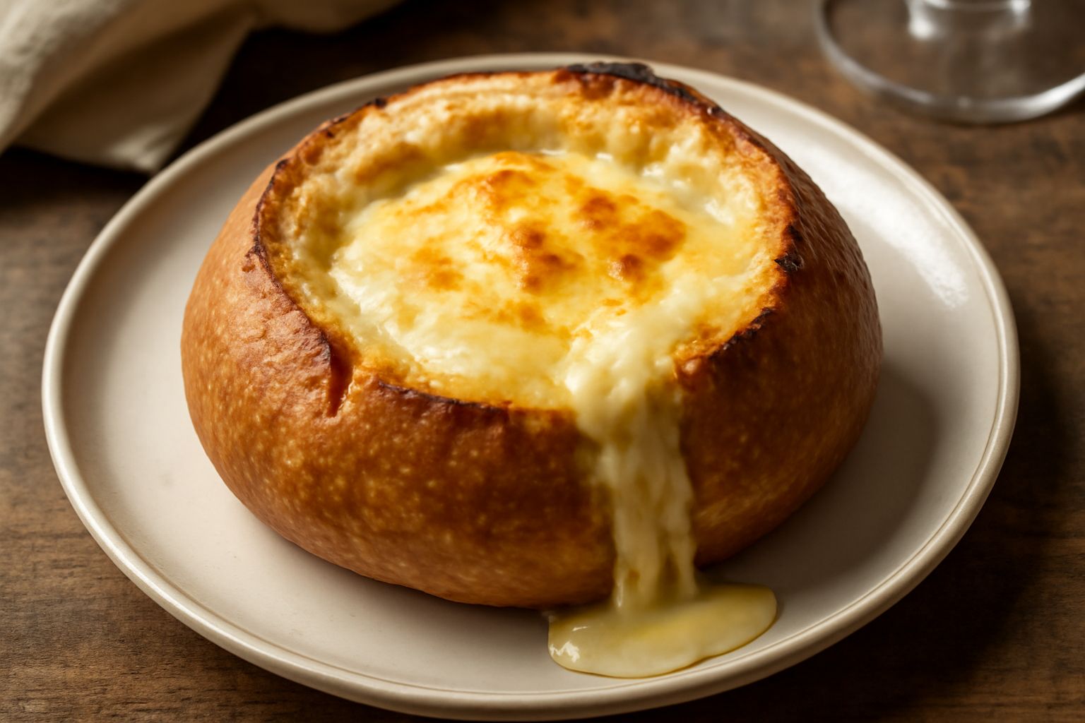 Pane tostato spaccato a metà con caciocavallo affumicato filante all'interno, ancora caldo, servito in piatto bianco con pepe nero visibile sulla superficie